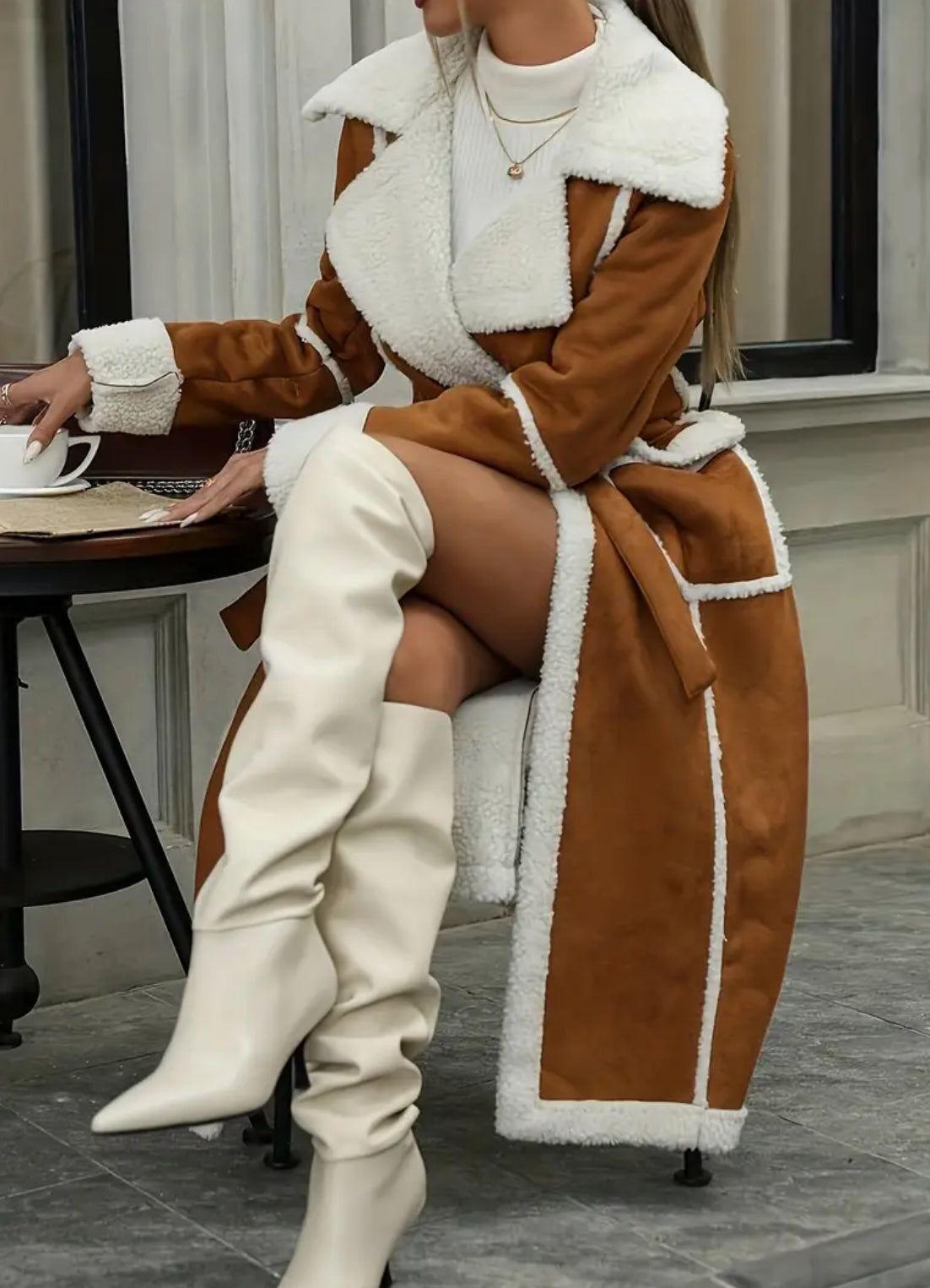 Faux Fur Suede Retro Coat - Slim Fit Long Jacket with Large Collar & Tie Belt