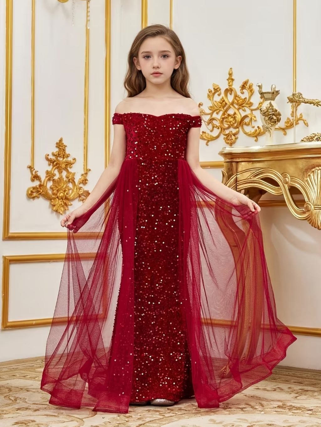 Girls' Luxury Off-Shoulder Tulle Layered Sequin Mermaid Dress