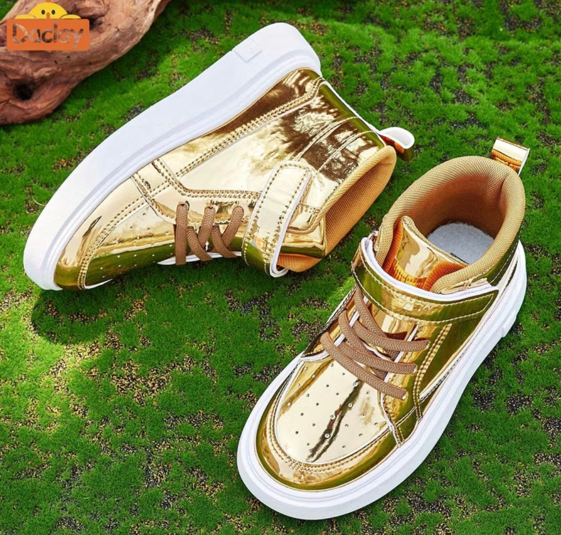 Kids' Gold Metallic High-Top Sneakers, Laces + Hook & Loop Velcro Strap