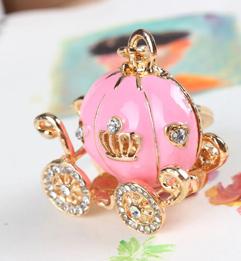 “Cinderella” Enchanting Diamond Inlaid Pumpkin Carriage Pendant with Number Plate Keychain