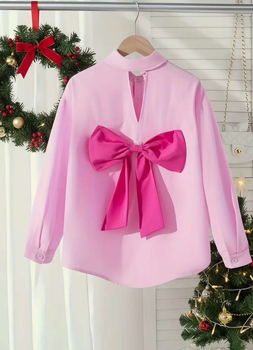Girls' Long Sleeve Blouse with Hollow-Out Back & Decorative Bow 