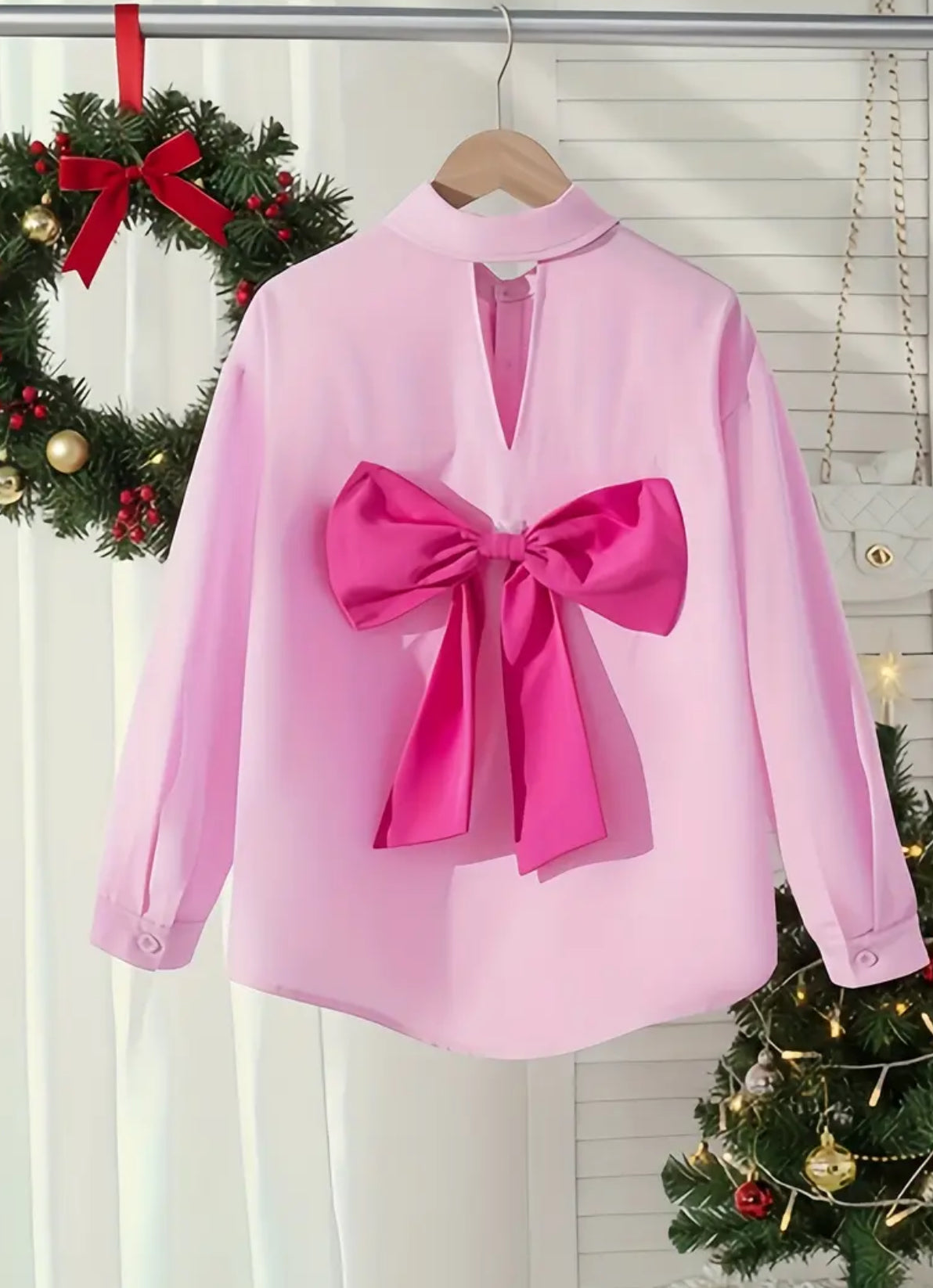 Girls' Long Sleeve Blouse with Hollow-Out Back & Decorative Bow 