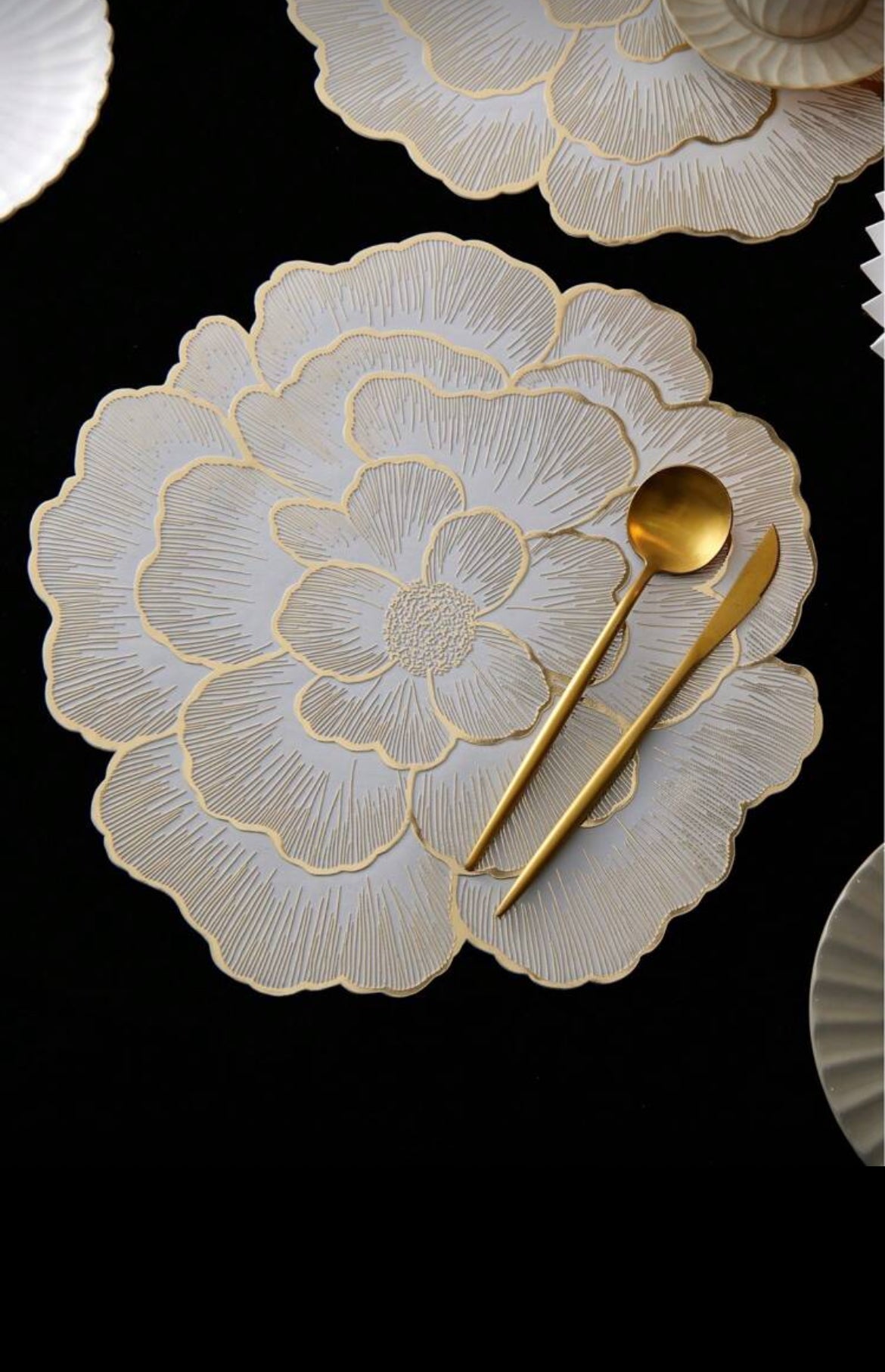 Chic Gold & White Peony Flower Design Placemats | 15 Inch- Washable, Easy To Clean & Heat Resistant