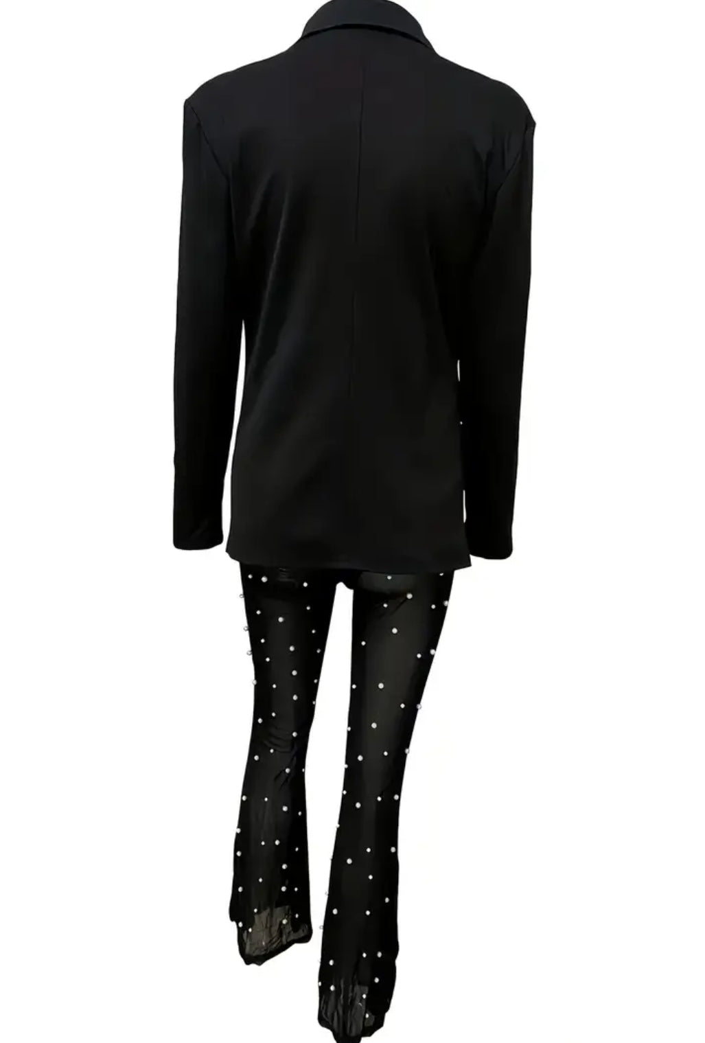 “Noir & Pearls” 2pcs Set Deep V-Neck Slim Fit Blazer + Sheer Mesh Pearl Embellished See-Through Pants
