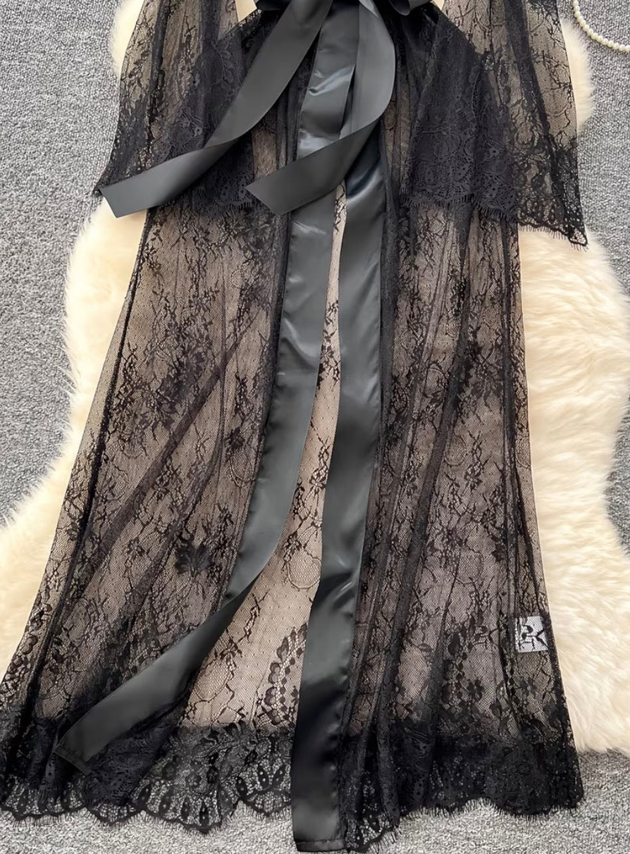 Elegant Floor- Length Sheer Lace Floral Robe