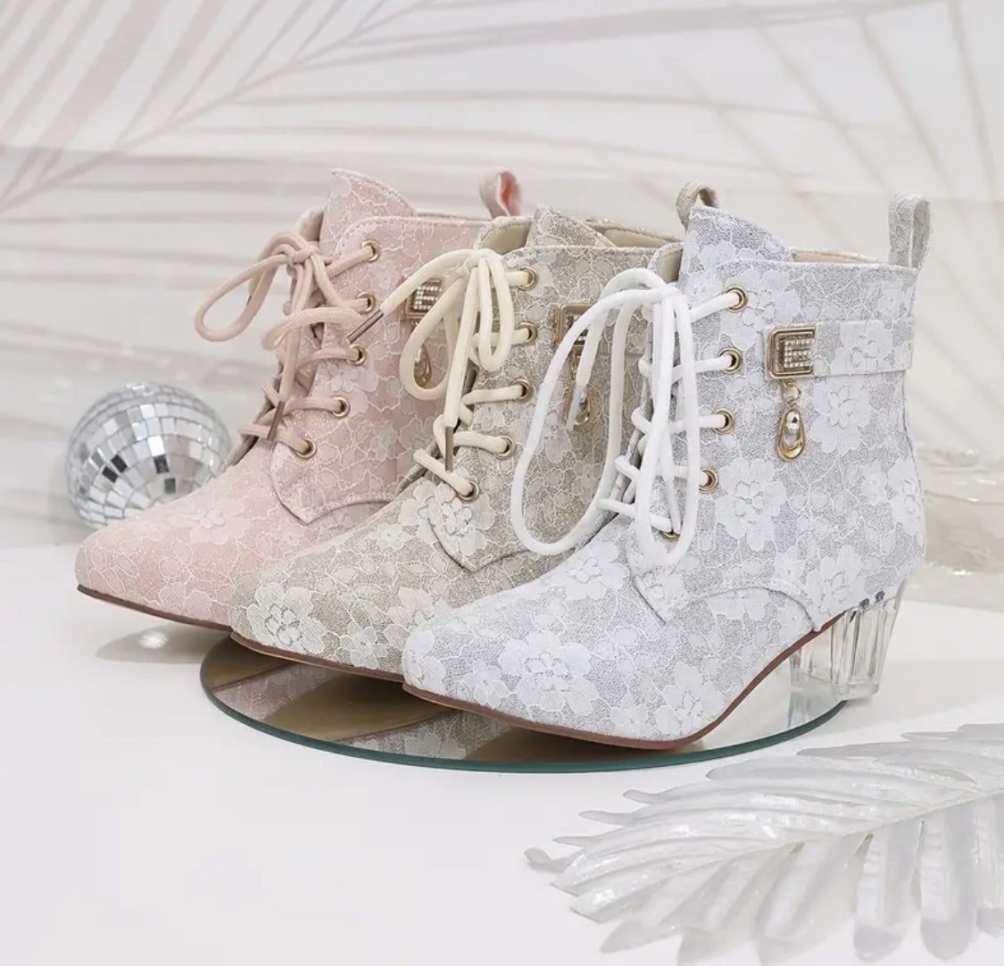 Ankle Boots with Crystal-Embellished Lace-Up Closure, Chunky Heel - Comfortable Fabric Upper 