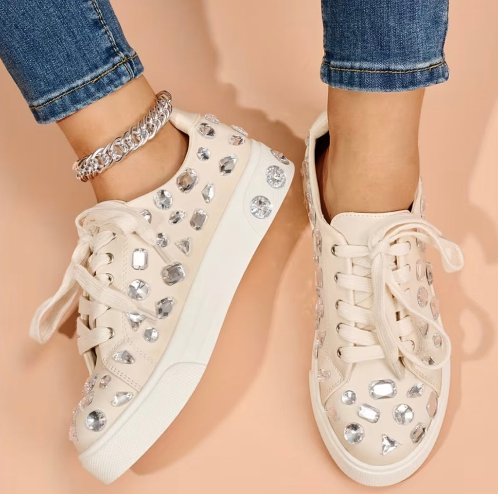 Women's Rhinestone Embellished Lace-Up Low Top Platform Non-Slip Sneakers