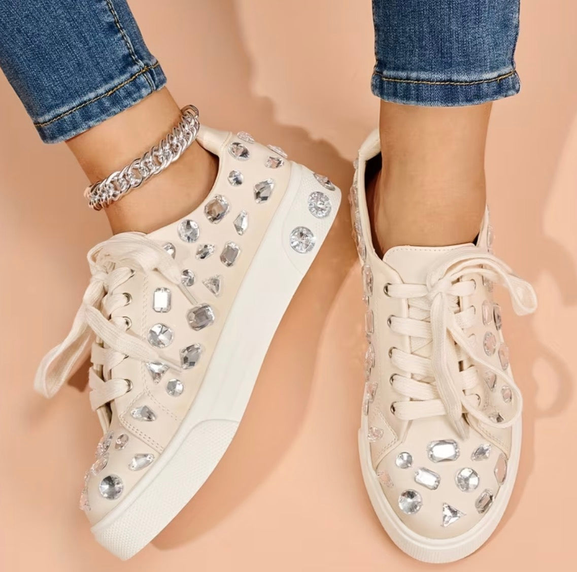 Women's Rhinestone Embellished Lace-Up Low Top Platform Non-Slip Sneakers