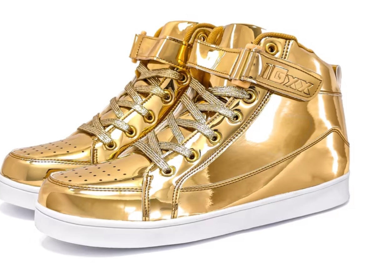 Kids' Gold Metallic High-Top Sneakers, Laces + Hook & Loop Velcro Strap