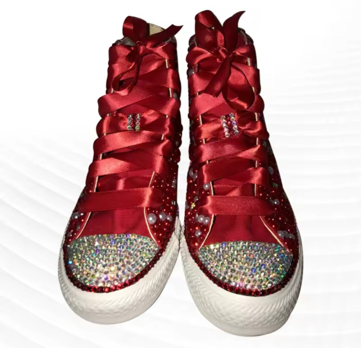 Glam High-Top Women’s Sneakers | Rhinestones & Pearls Accent & Satin Ribbon Laces