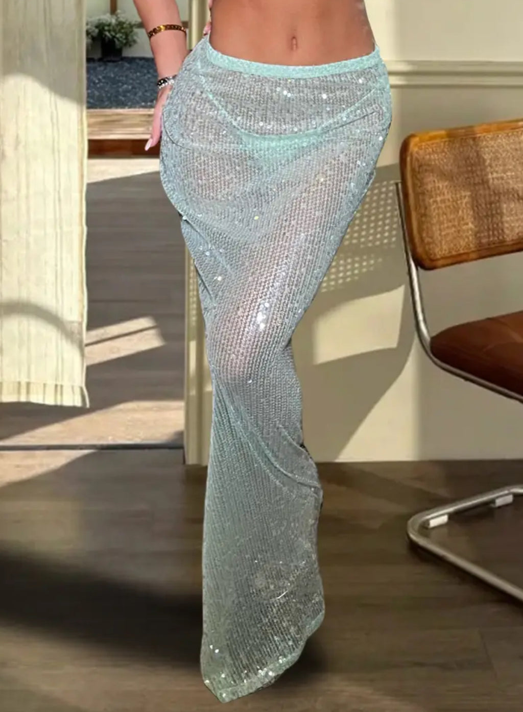 “Shimmer & Shine” Long Body-Con Skirt | Elastic Waist, Sparkly Sequin See-Through Fabric