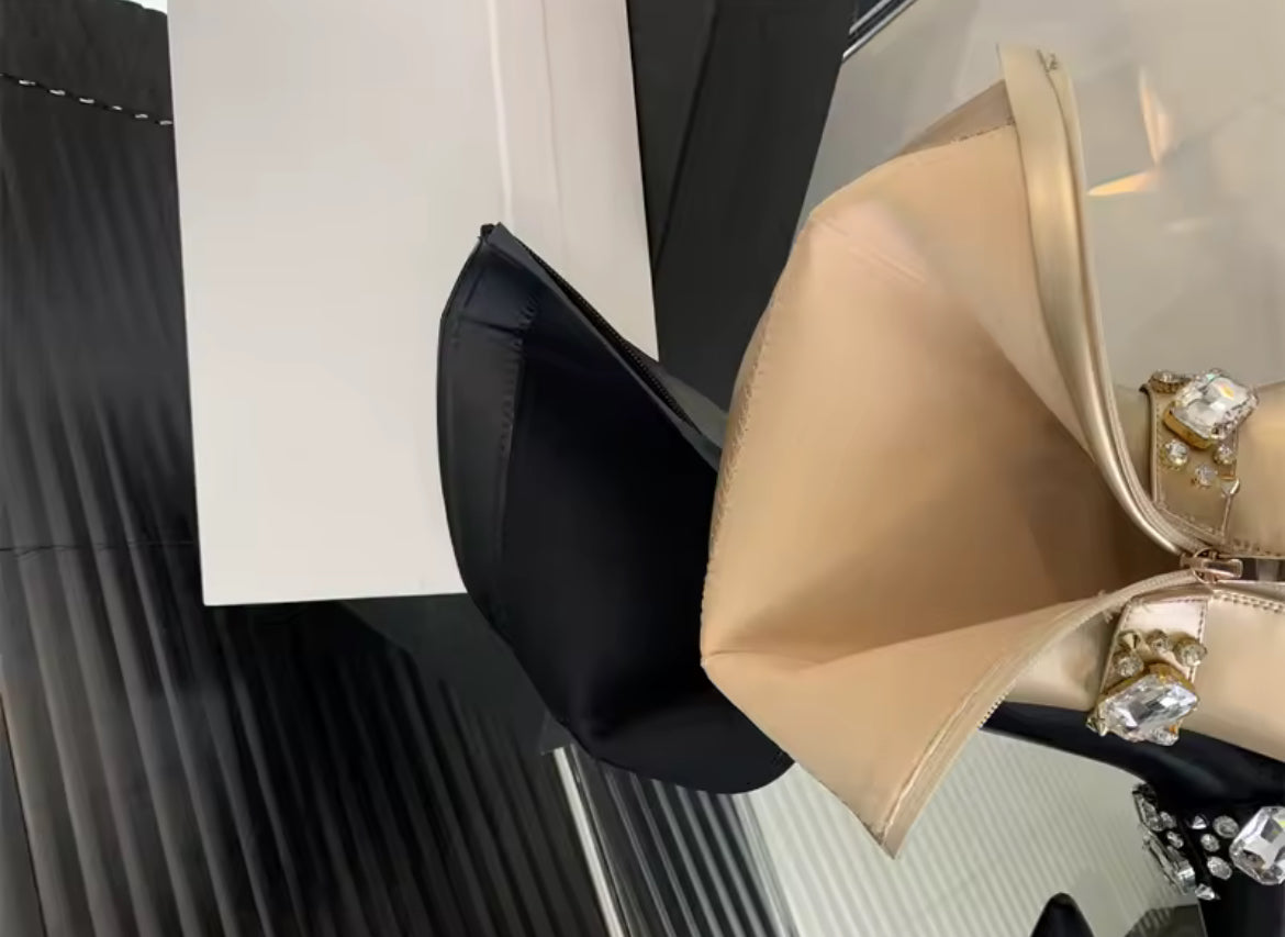 Women's Sleek Mid-Calf Leather Boots, Adorned With Sparkling Crystal Diamonds