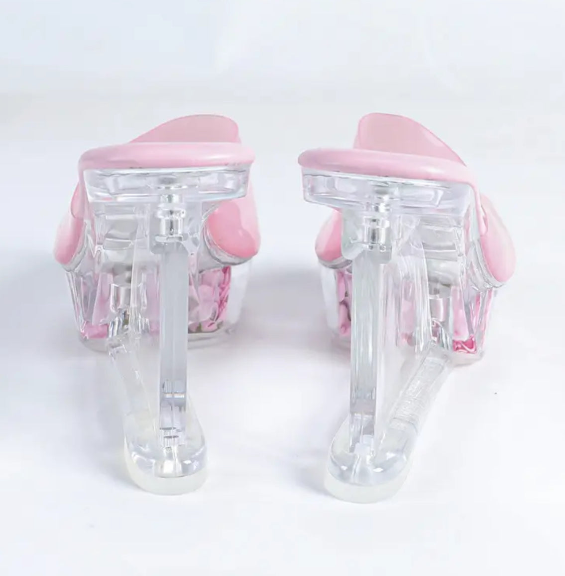 Women’s Clear Wedge Sandals - Thick Clear Platform Heel, Pink Rose Accents