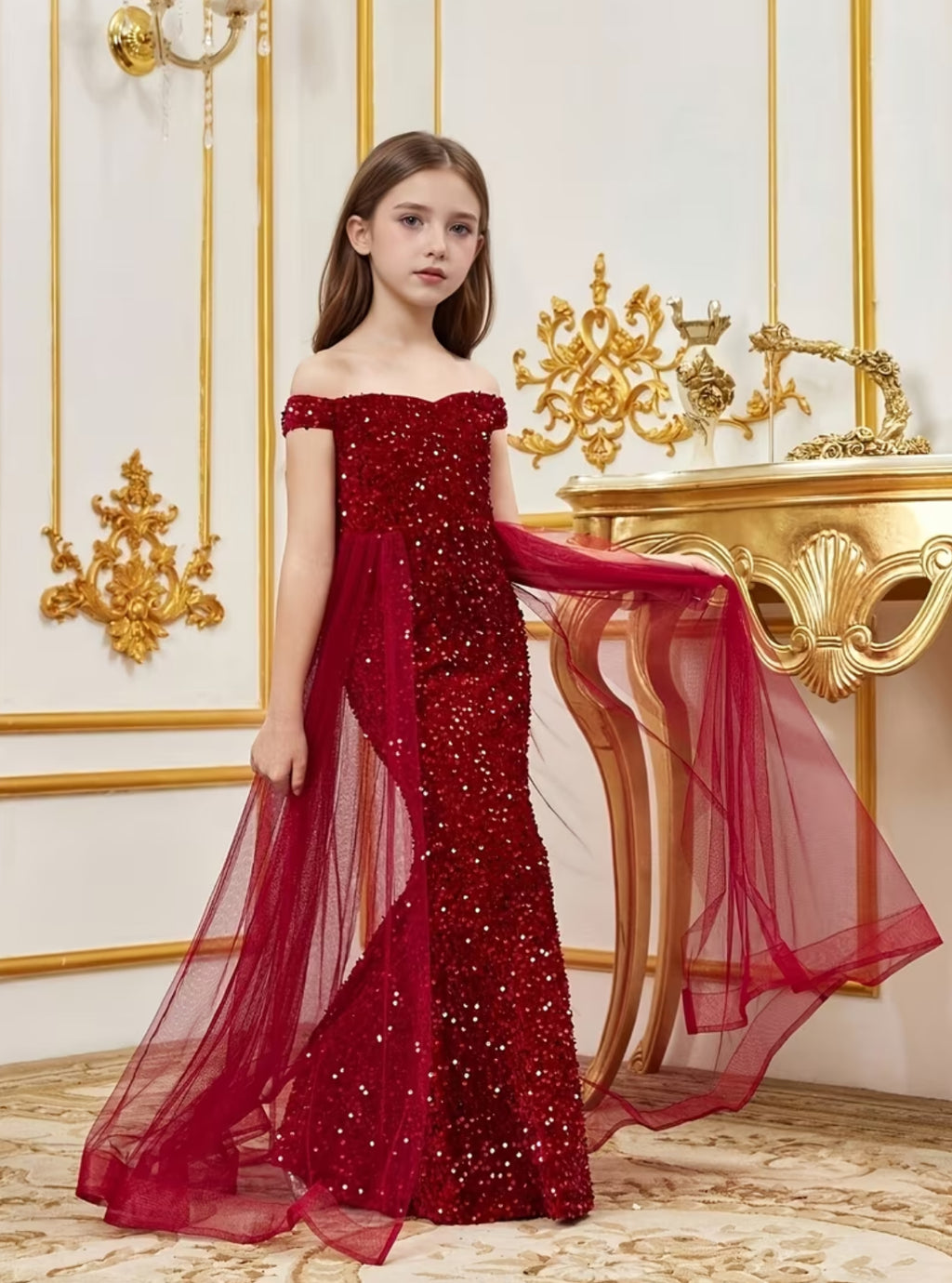 Girls' Luxury Off-Shoulder Tulle Layered Sequin Mermaid Dress