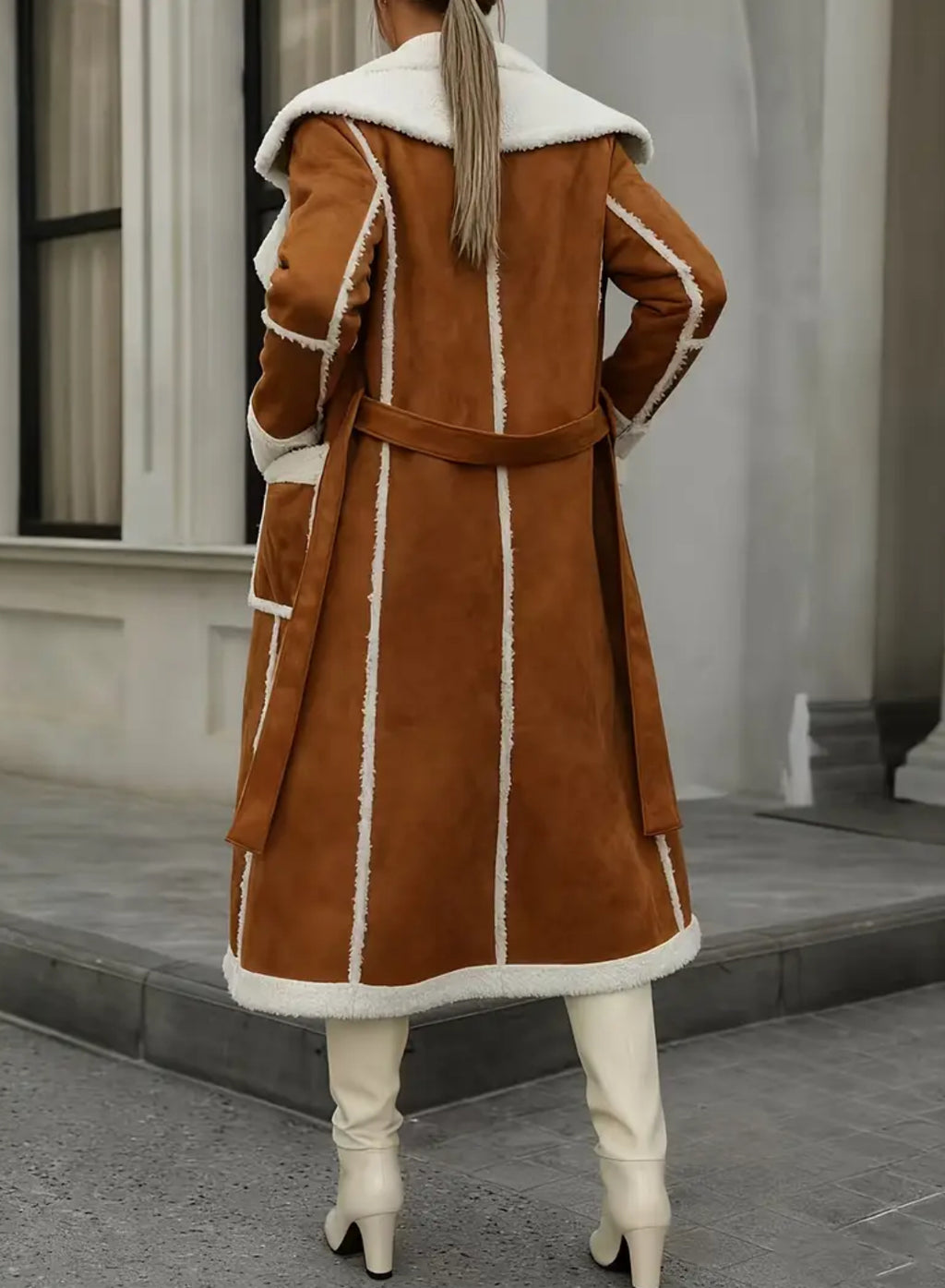 Faux Fur Suede Retro Coat - Slim Fit Long Jacket with Large Collar & Tie Belt