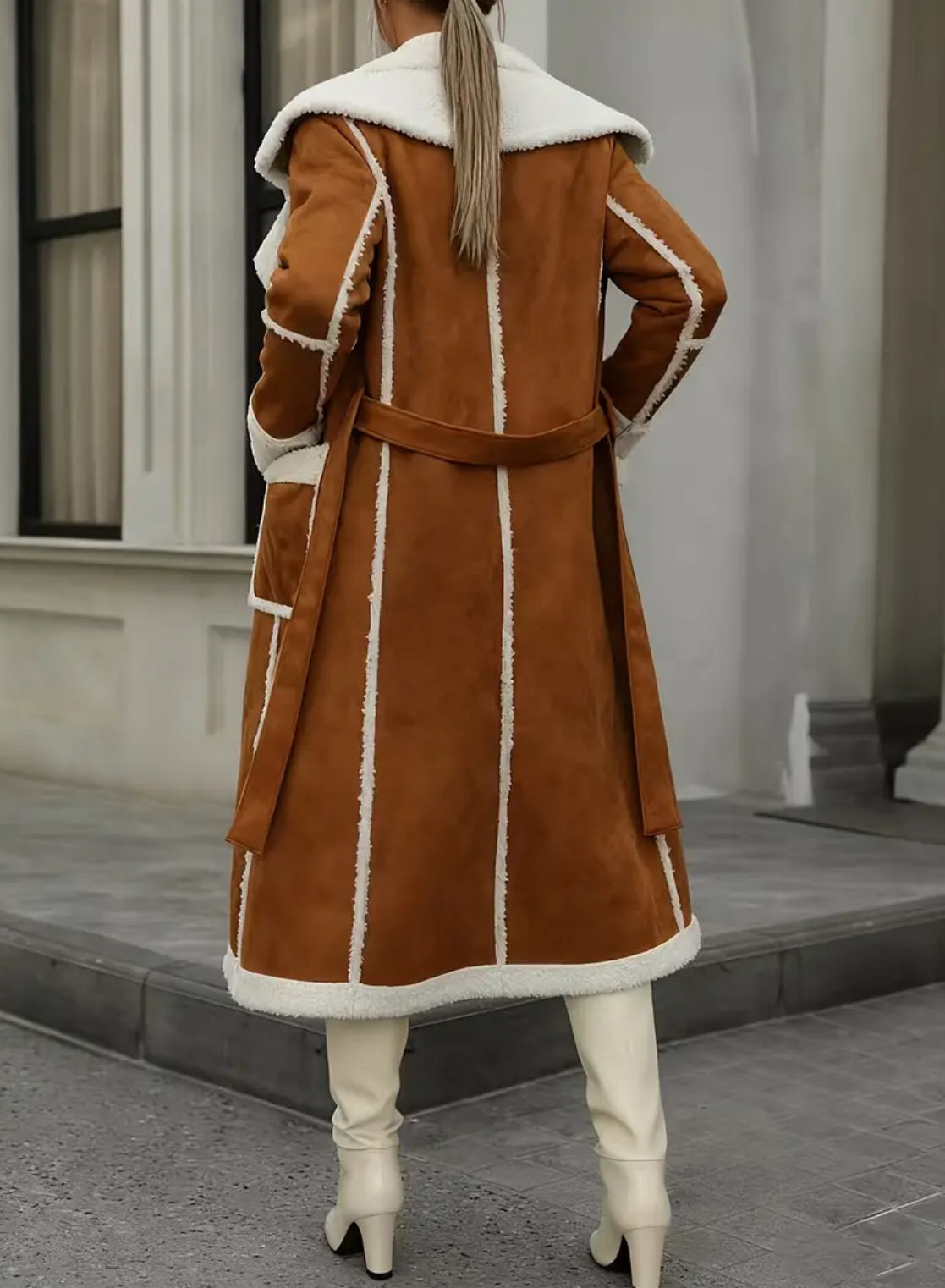 Faux Fur Suede Retro Coat - Slim Fit Long Jacket with Large Collar & Tie Belt