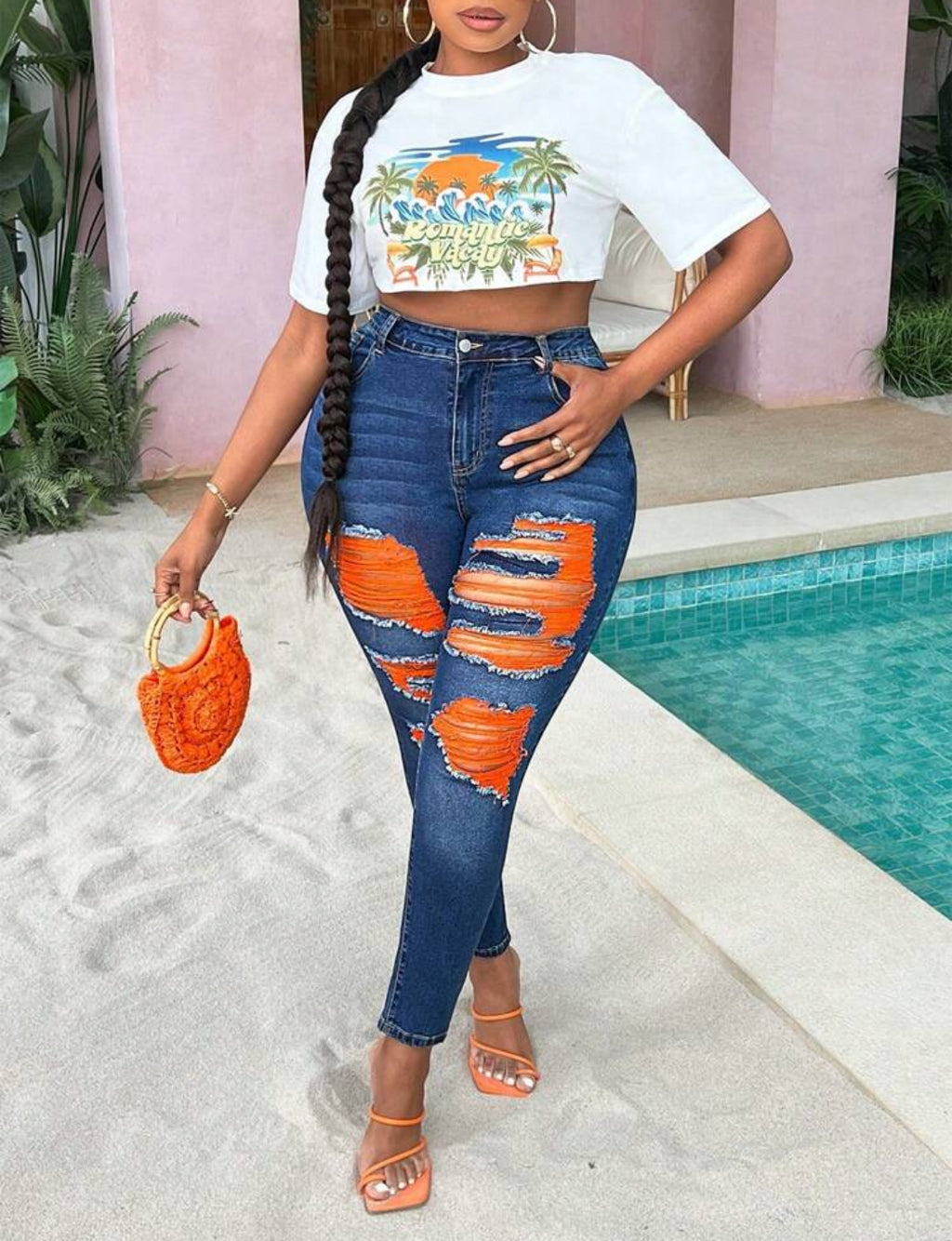 ‘Citrus’ Posh Curve Orange Ripped Blue Denim Skinny Jeans