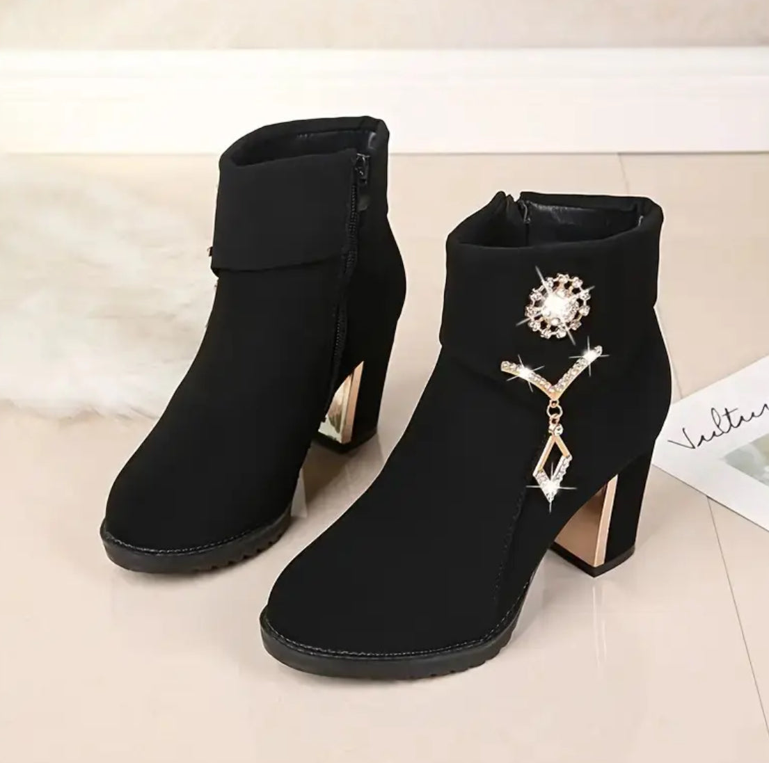Women’s Round-Toe Chunky-Heeled Ankle Boots with Rhinestone  Pendants +Side Zipper Design