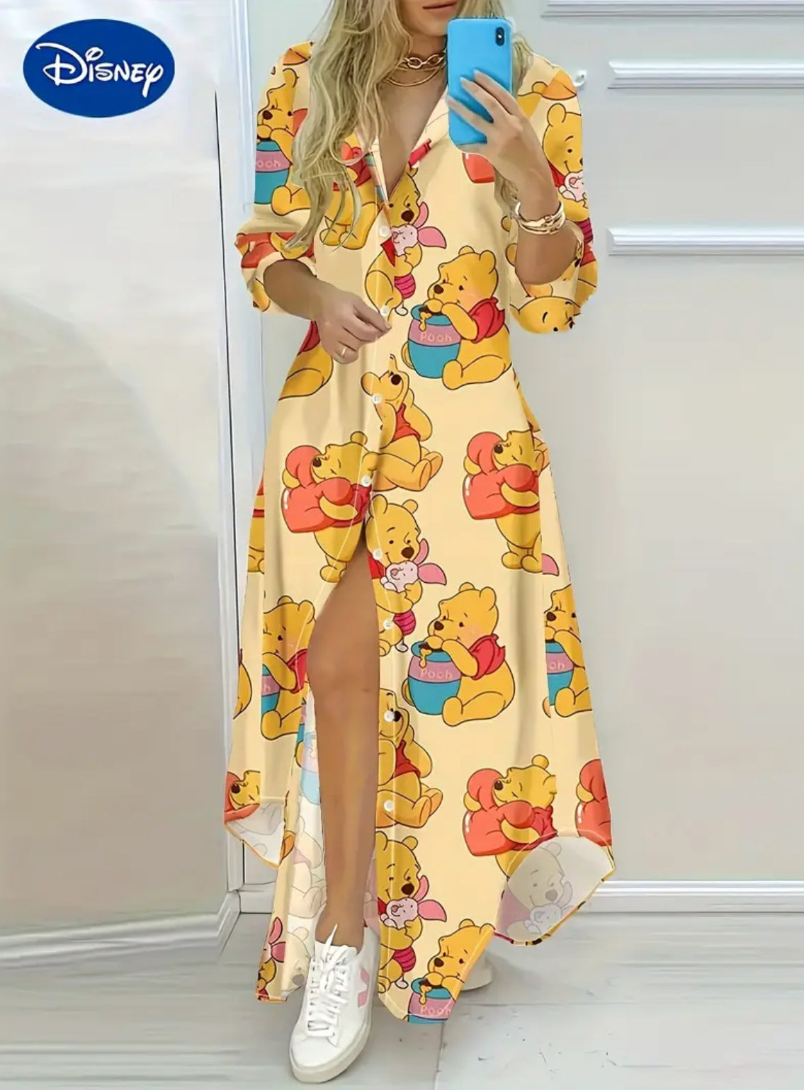 “Disney Chic” Women's Cartoon Print Long Sleeve Dress - V-Neck Button-Up with Puff Sleeves