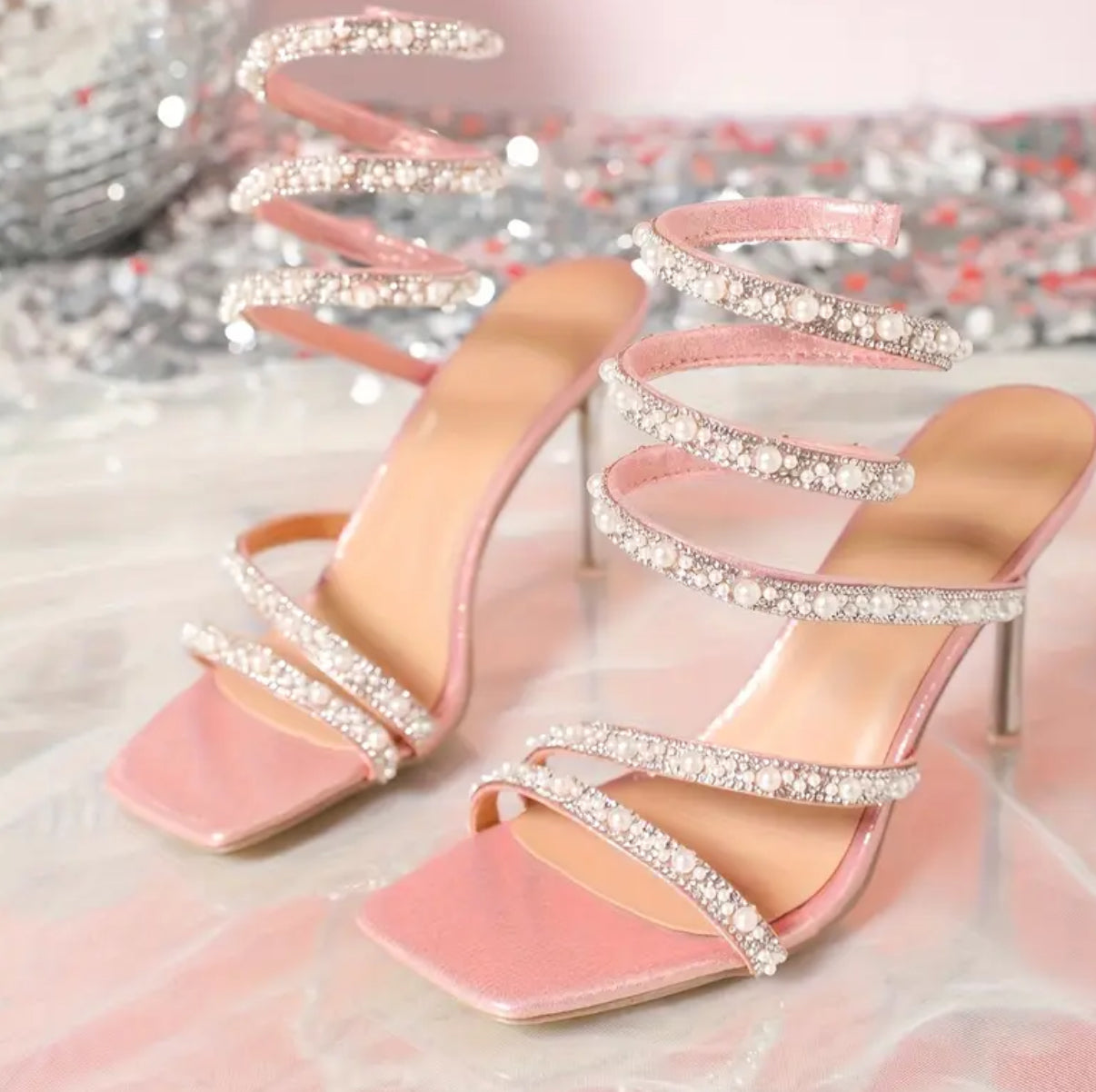 Women’s Pink Rhinestone Wrapped Clear High Stiletto Heel