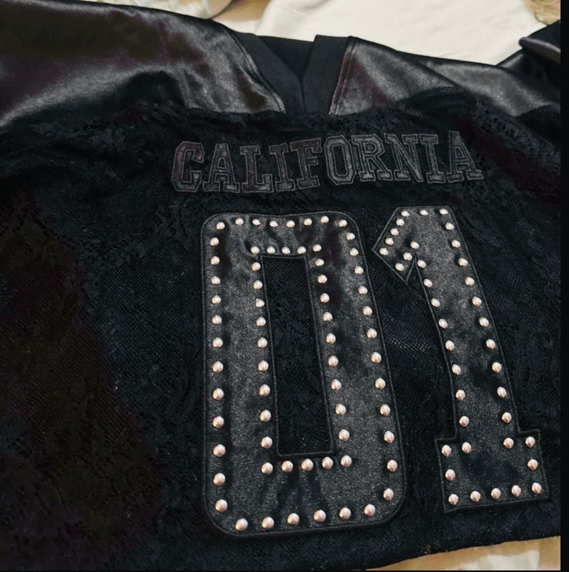"CALIFORNIA 01" Posh Plus Oversized Studded Sheer Lace and Mesh Football Jersey