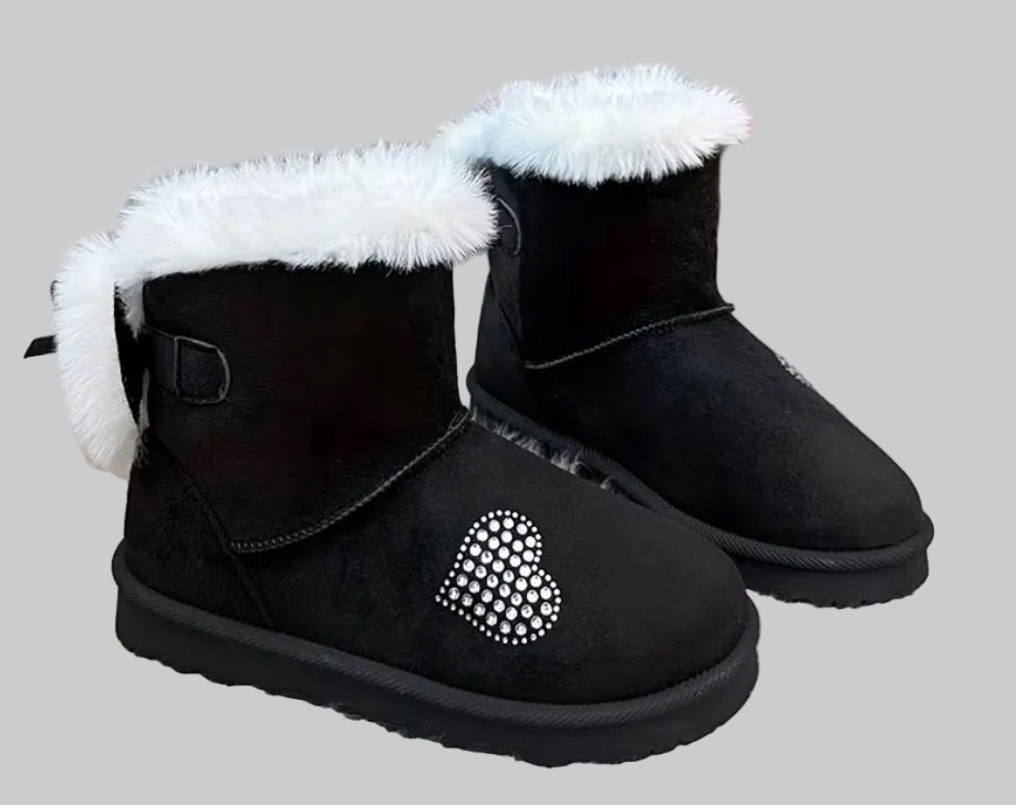 Girls' Winter Mid-Top Snow Boots with Rhinestone Heart & Bows