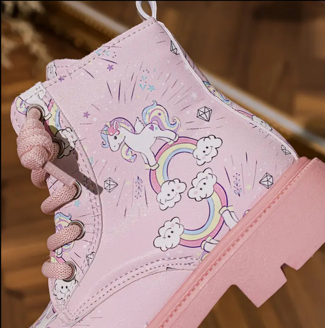 “Unicorn Timb’s” Girls' Pink Rainbow Non-Slip Ankle Boots
