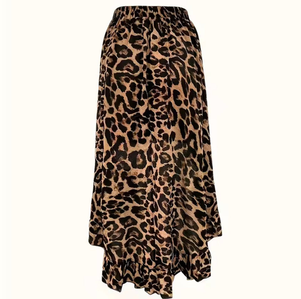 Leopard Printed Off-Shoulder Ruffle Top and Asymmetrical High-low Skirt Set