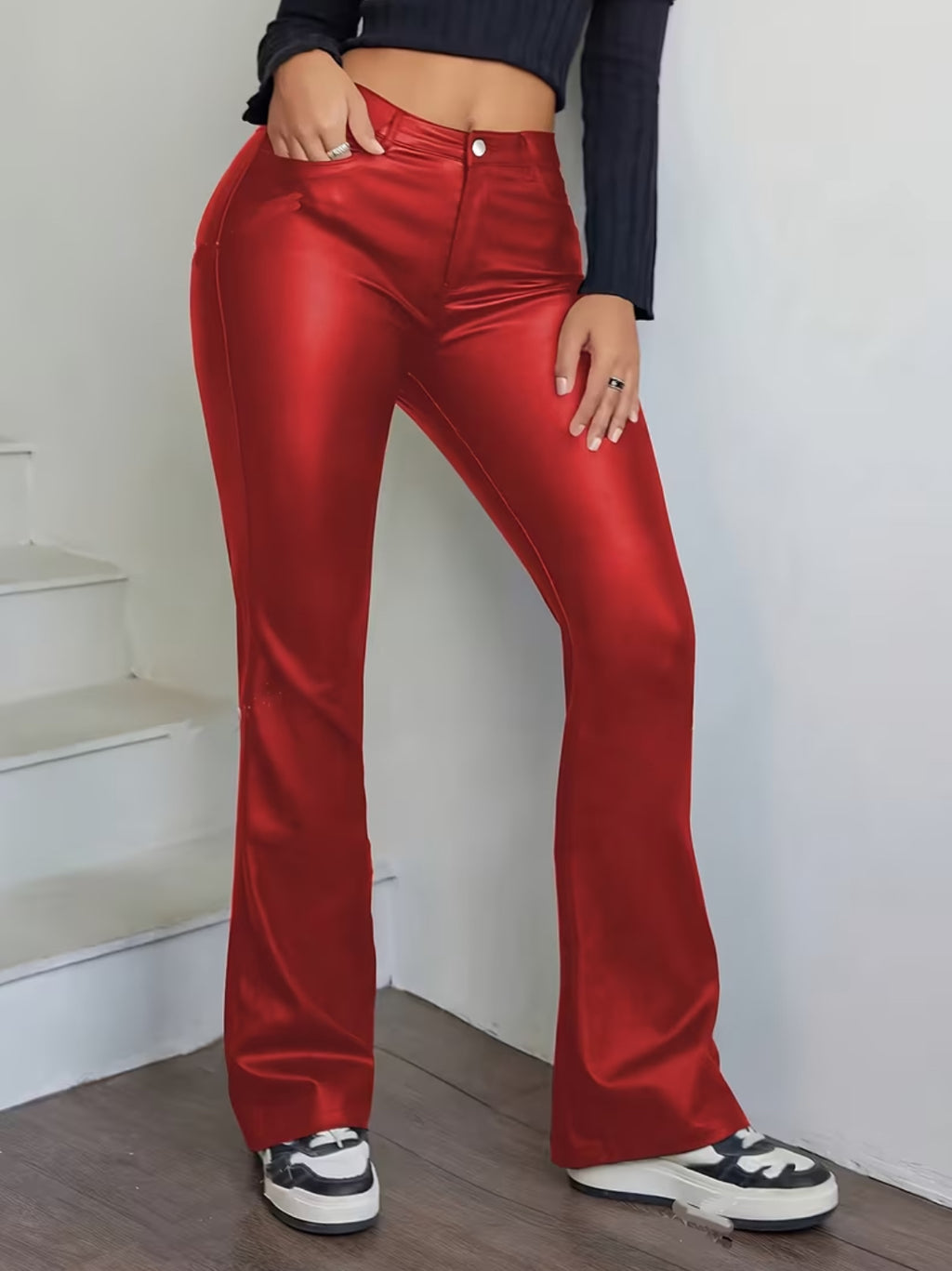 Women's Flared Bell Bottom High-Waisted, Faux Leather- Machine Washable 