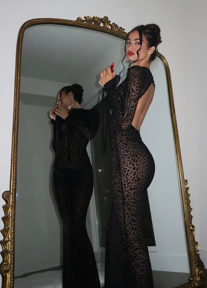 Sultry Leopard Print Long Bodycon Dress Featuring a Backless Cut & Long Sleeves