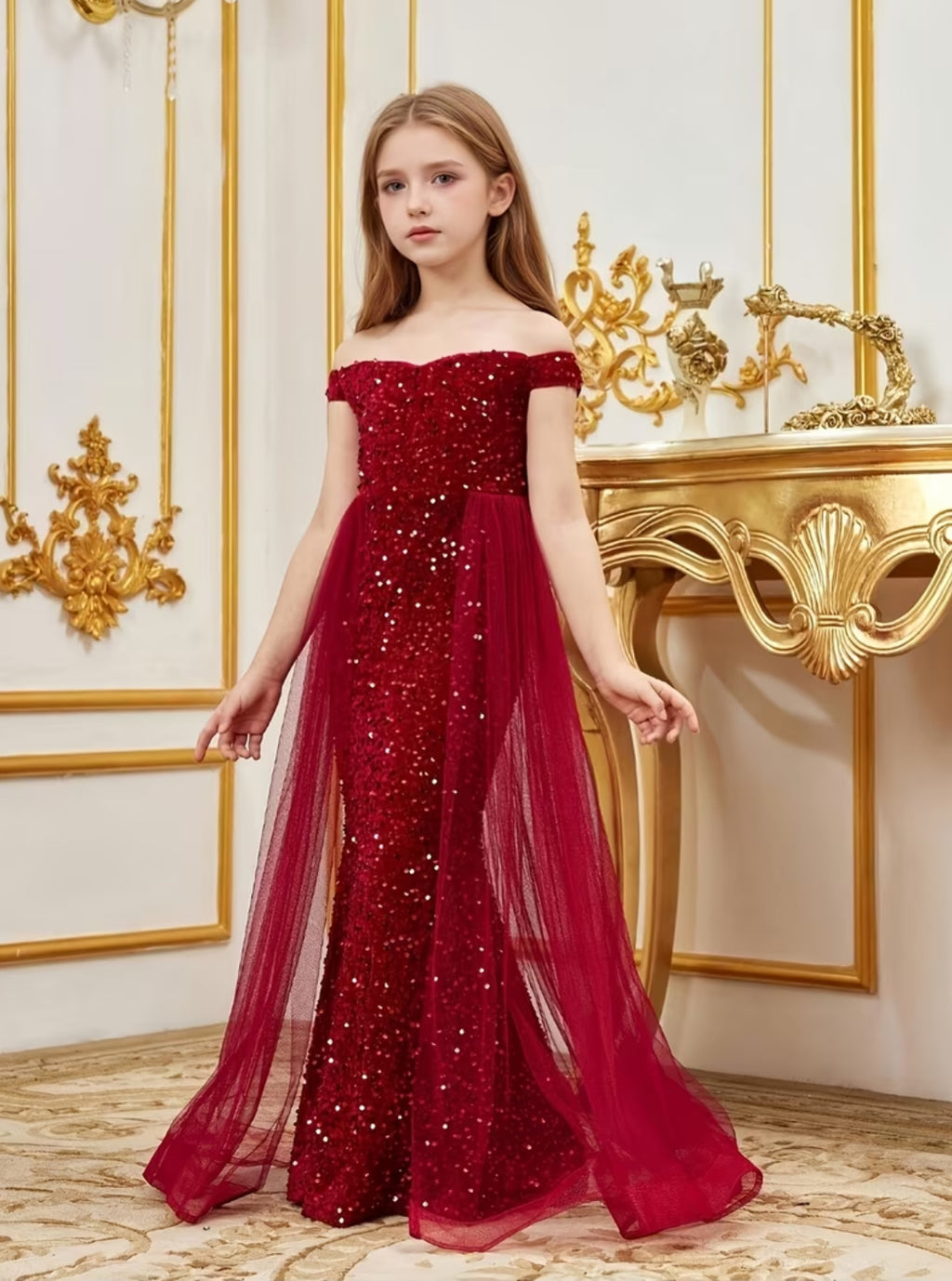 Girls' Luxury Off-Shoulder Tulle Layered Sequin Mermaid Dress
