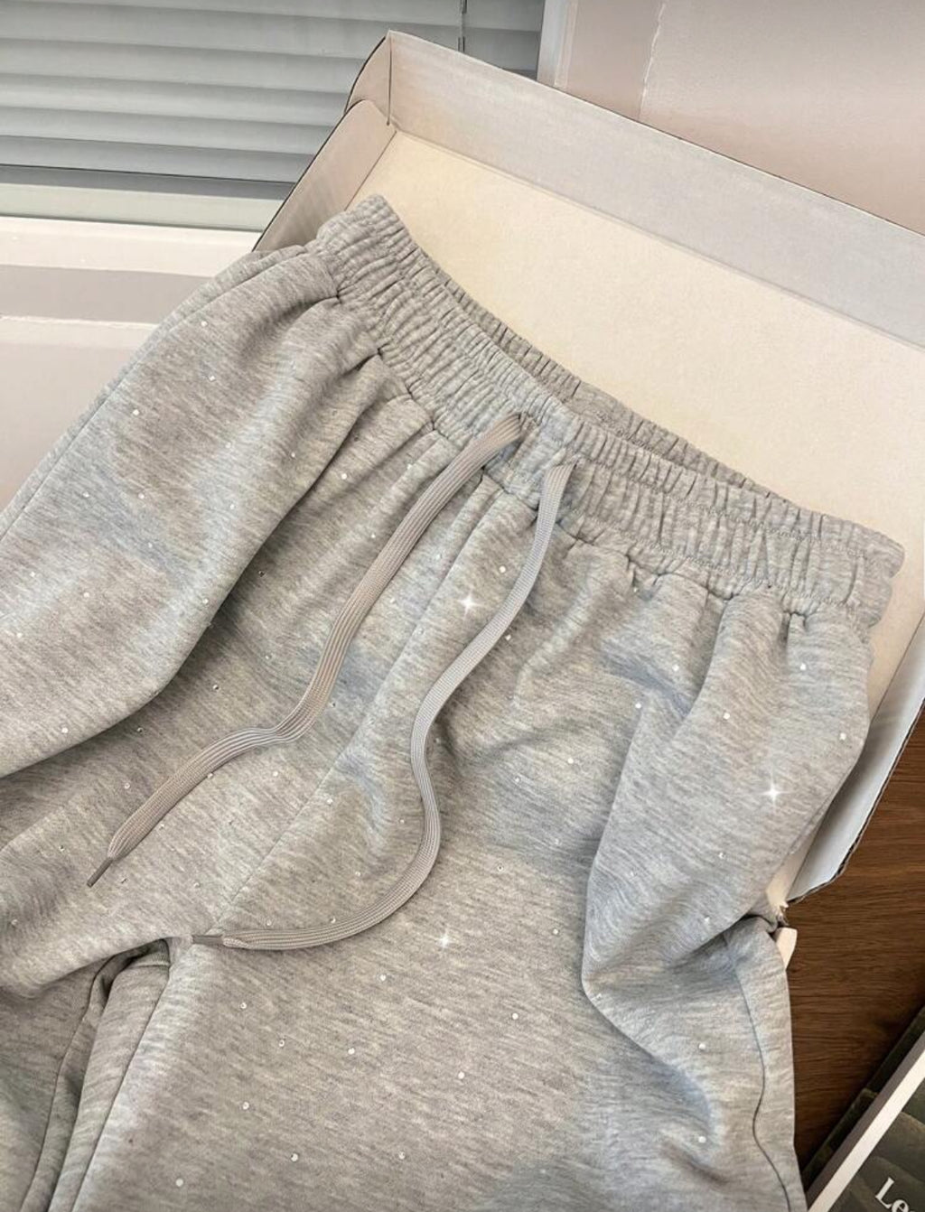 Rhinestone Embellished High Waist Drawstring Loose Fit Sweatpants