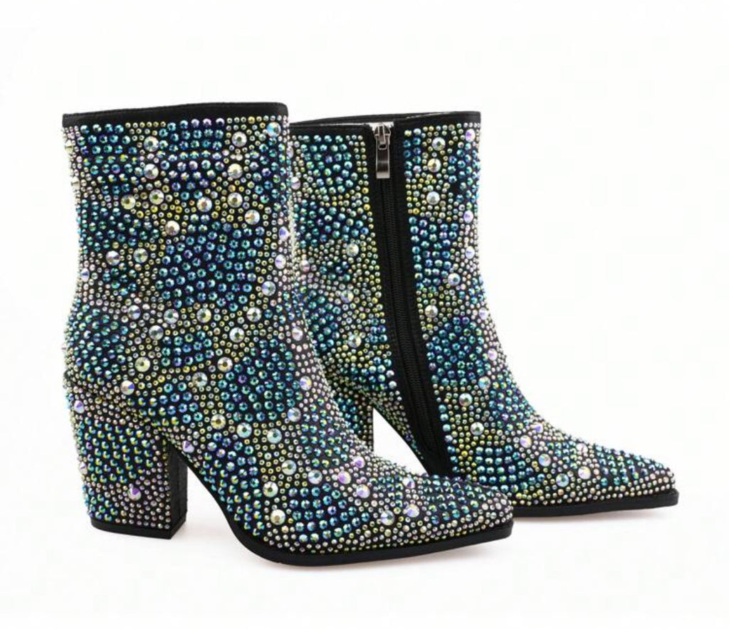 Magic Blue Crystal Diamonds Encrusted Women's Mid-calf Boots, Side Zipper 