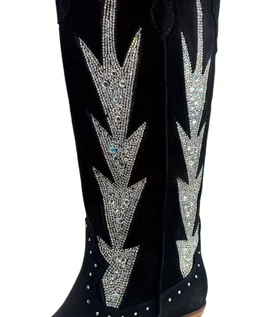 “Flames” Women's Western Cowboy Boots - Rhinestone Embellished Pointed Toe, Chunky Heel Pull-On Knee-High 