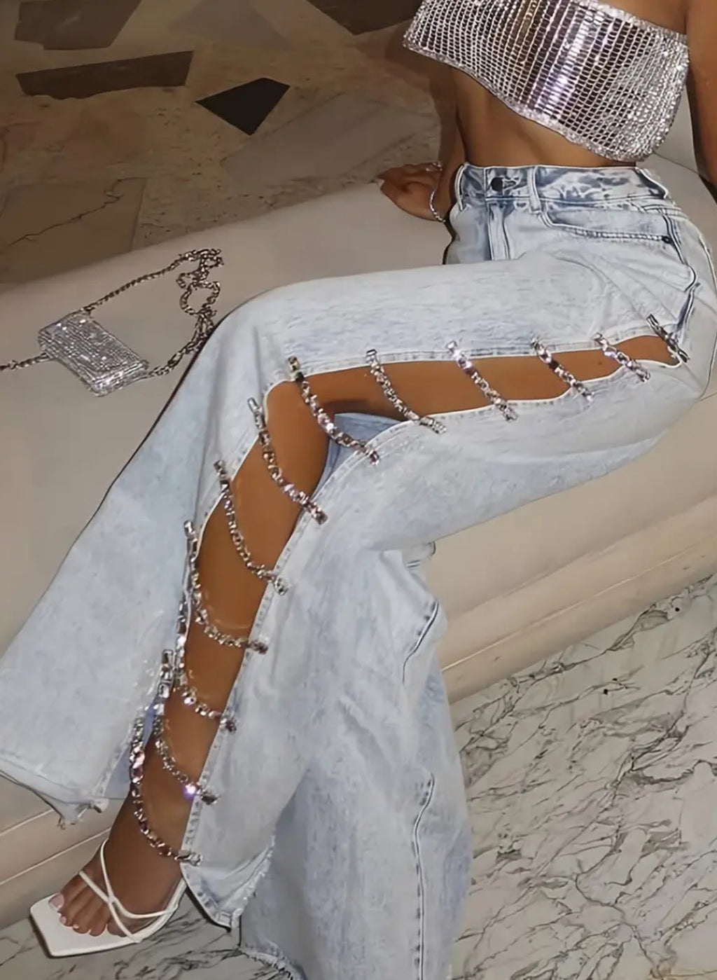 “Rhinestones & Chains” Side Slits, Loose High-Waisted Light Blue Distressed Wide-Leg Jeans