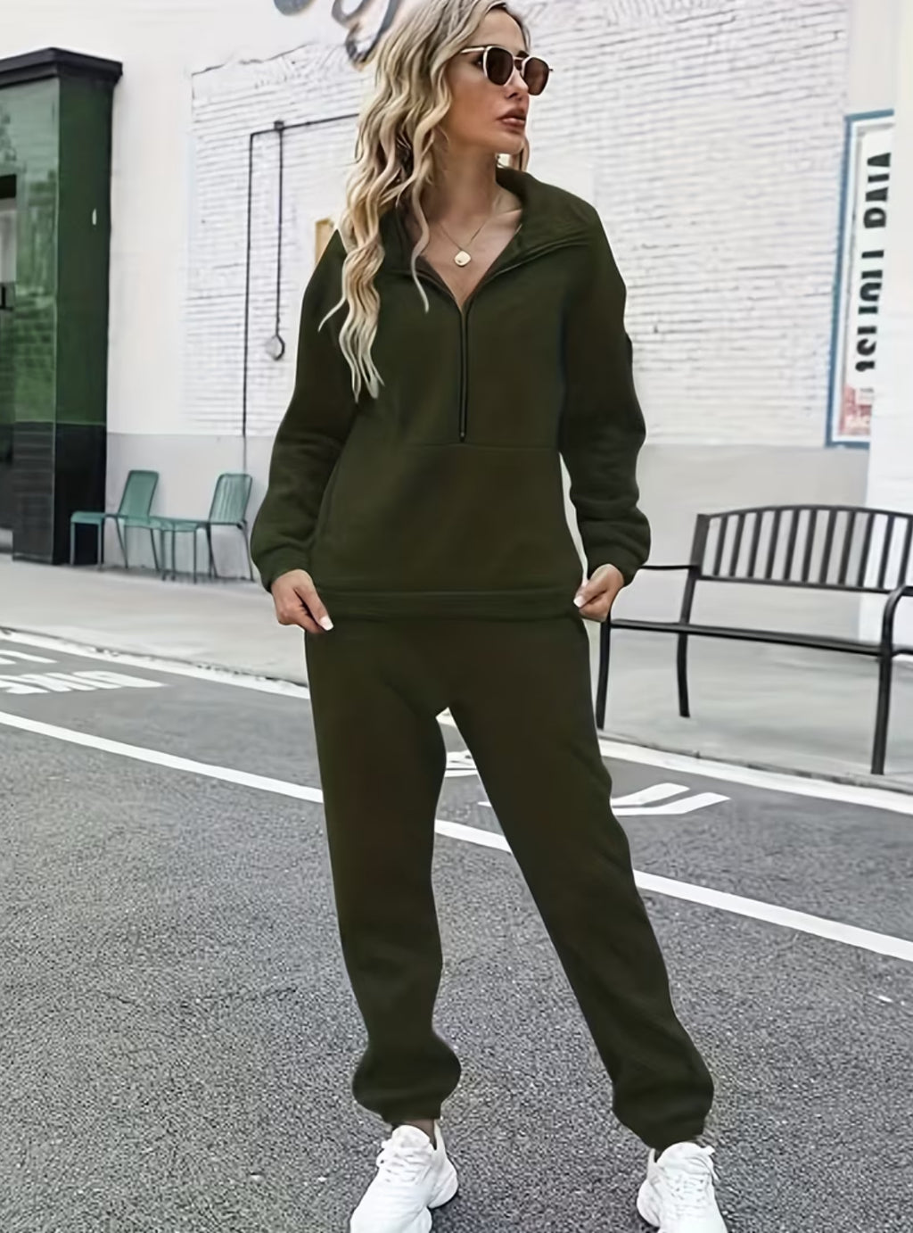 Sporty Chic Two-piece Set| Half-Zip Sweatshirt + High-Waisted Sweatpants