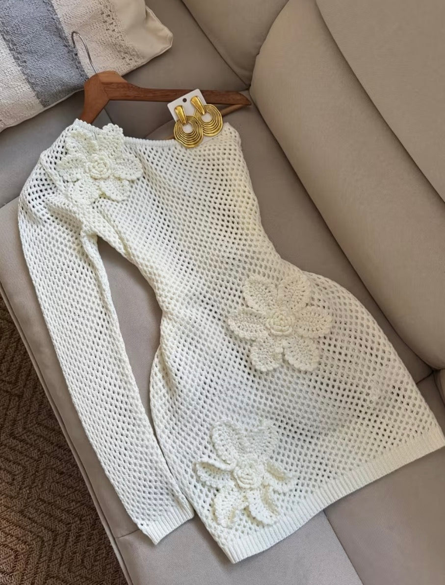 “Gardenia” Crochet Hollow-Out Off-Shoulder French-Style Elegant Slim-Fitting Short Dress