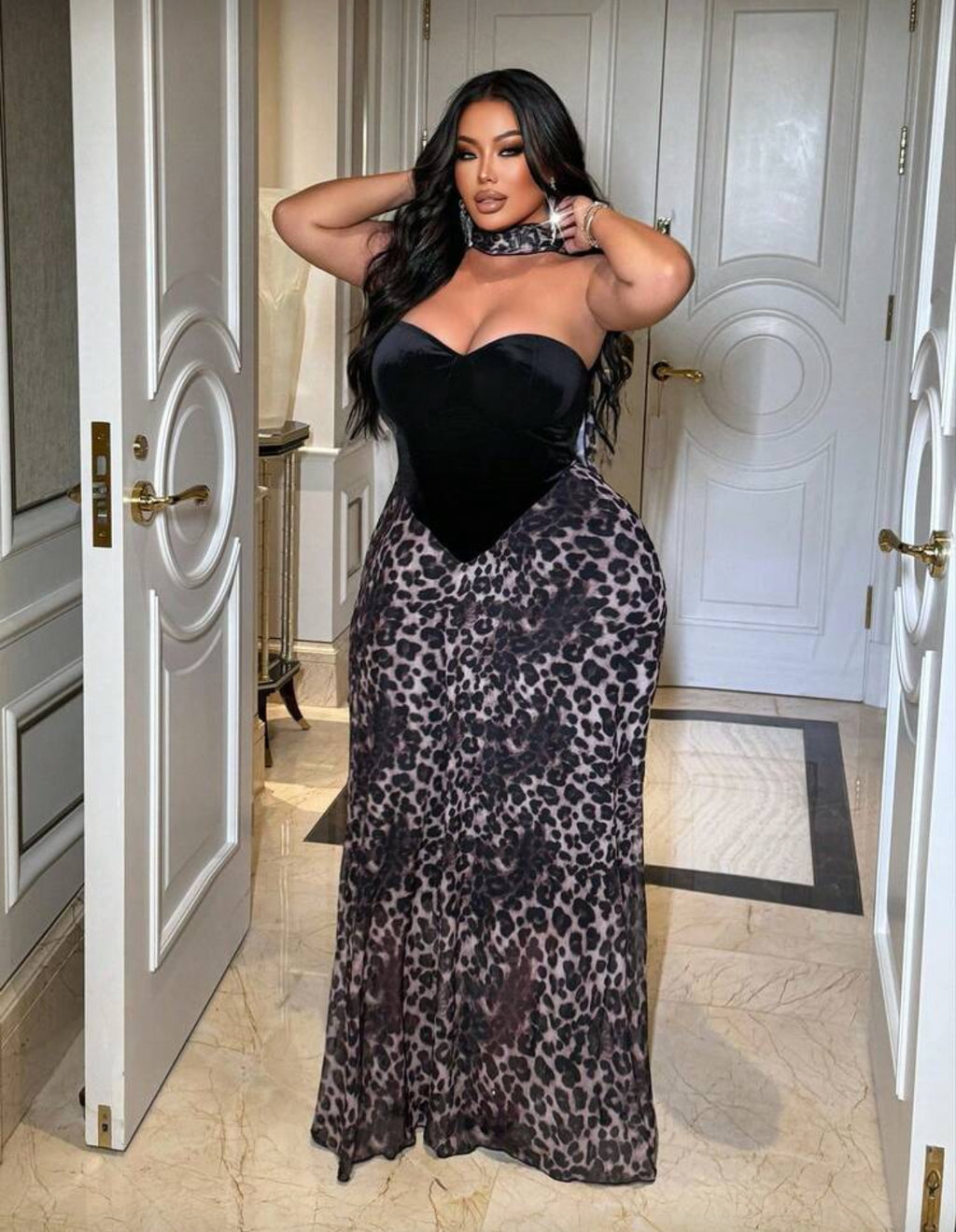 “Velvet Black Cheetah” Evening Dress Plus Size with Scarf