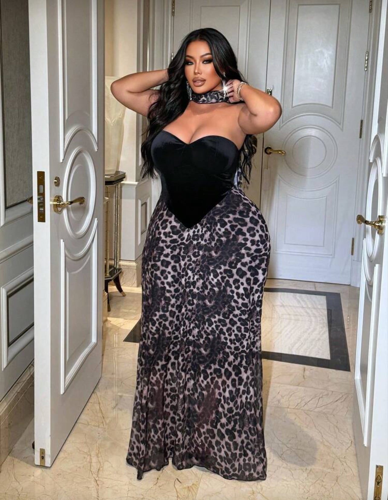 “Velvet Black Cheetah” Evening Dress Plus Size with Scarf