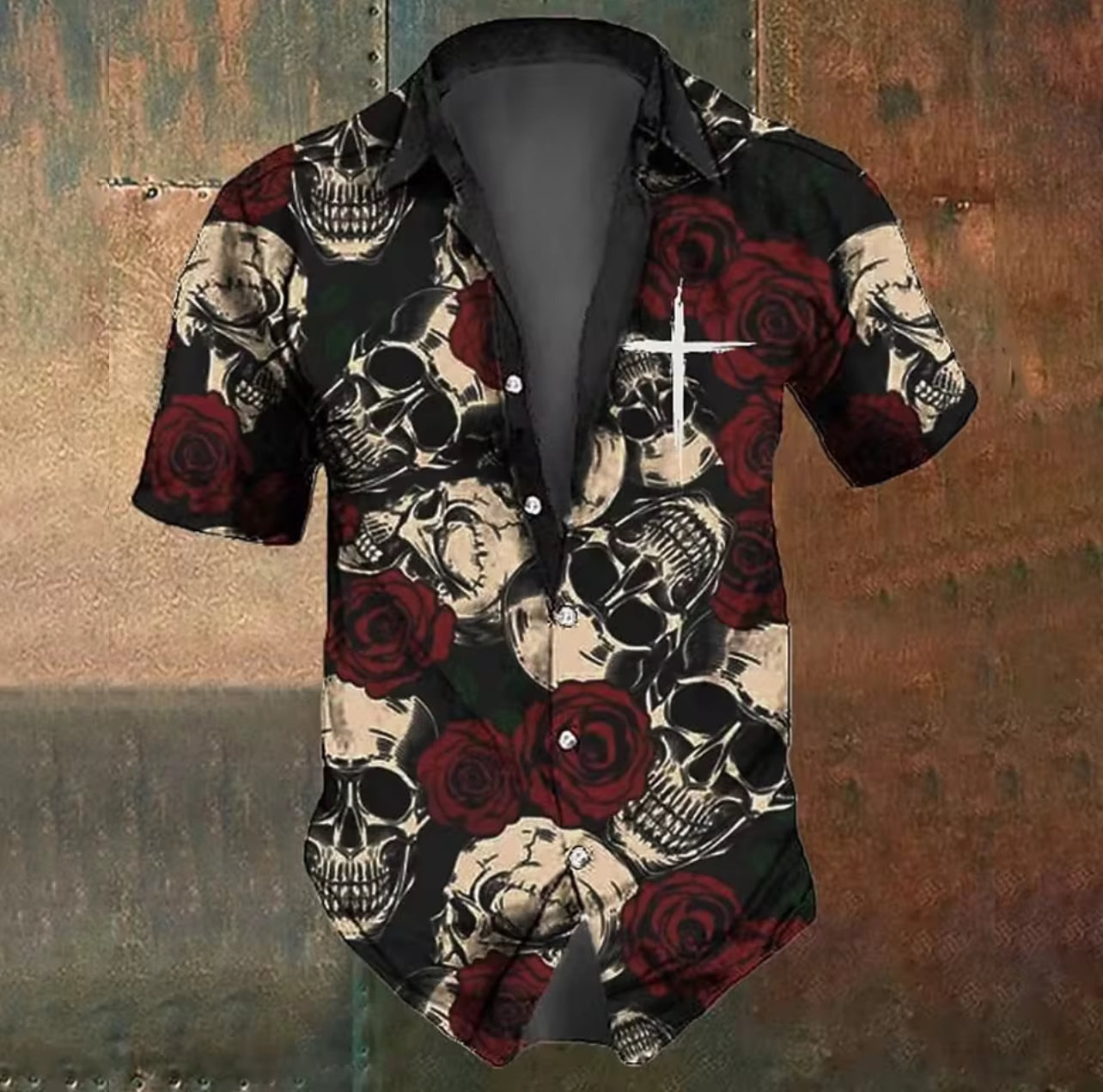 Men’s Skulls & Roses Gothic Short Sleeve Shirt - Button Collar All-Over Pattern