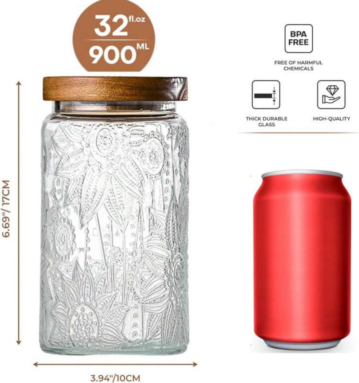 32oz Vintage Airtight Storage Jars Featuring a Vintage Carved Design With Lid, Glass Storage Containers  