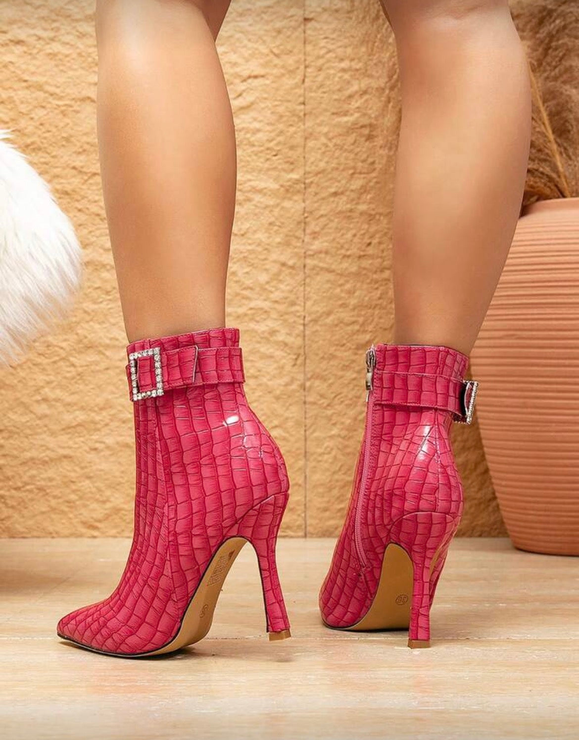 “Rhinestone Buckle” Ankle Suede Boots Pointed Toe & Slim High Heel