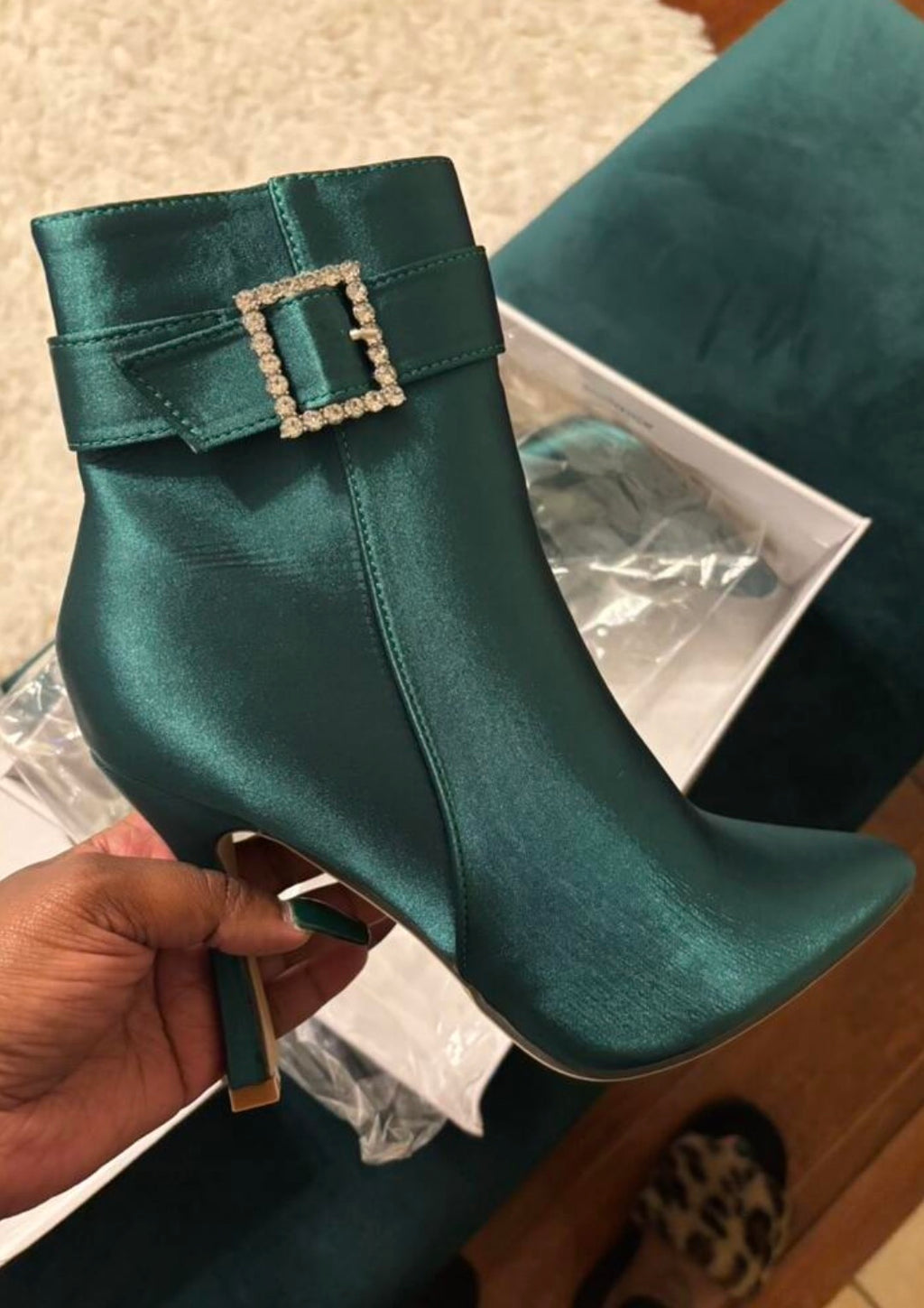 “Rhinestone Buckle” Ankle Suede Boots Pointed Toe & Slim High Heel