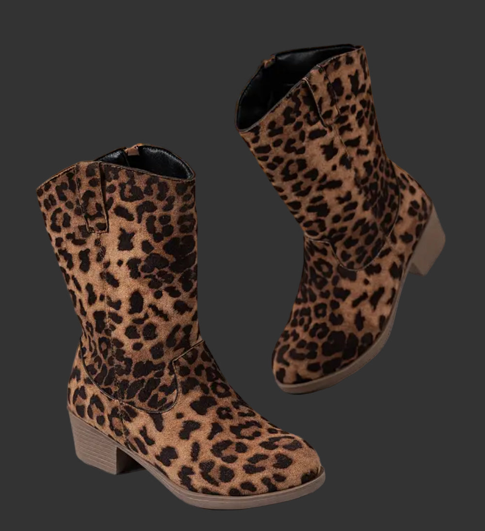 Girls Western Mid-Calf Boots, Side Zipper Leopard Print Design