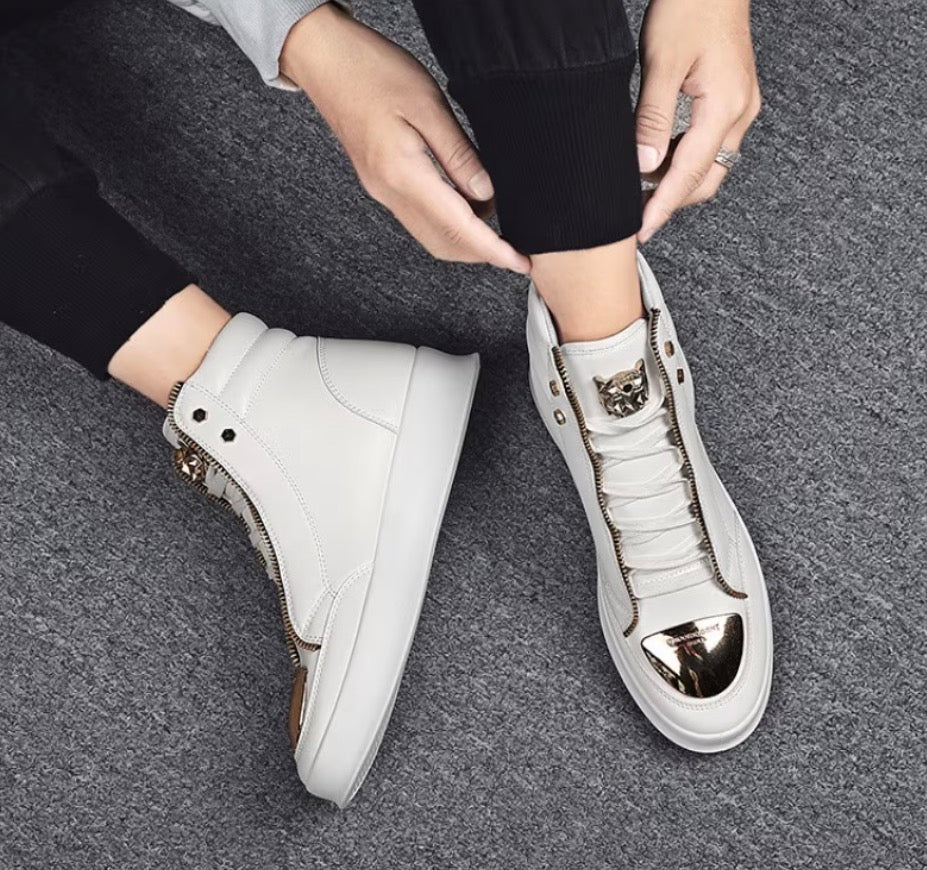 Men's High-Top Sneakers Faux Zipper Cover Upper Golden-Tone Hardware Streetwear 
