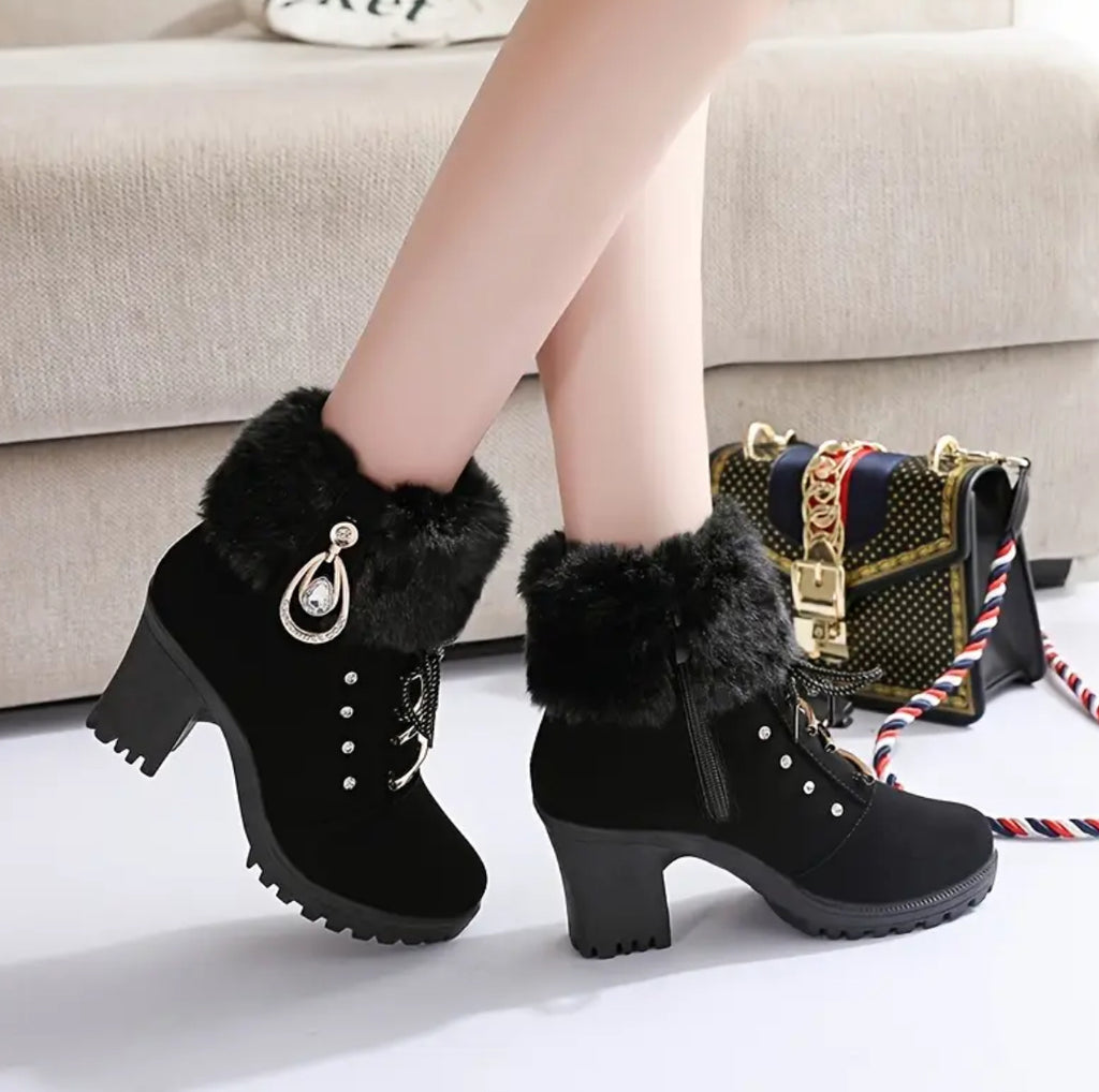 “Rhinestones” Chunky Heel Faux Fur Trim Mid-Calf Boots with Side Zipper by