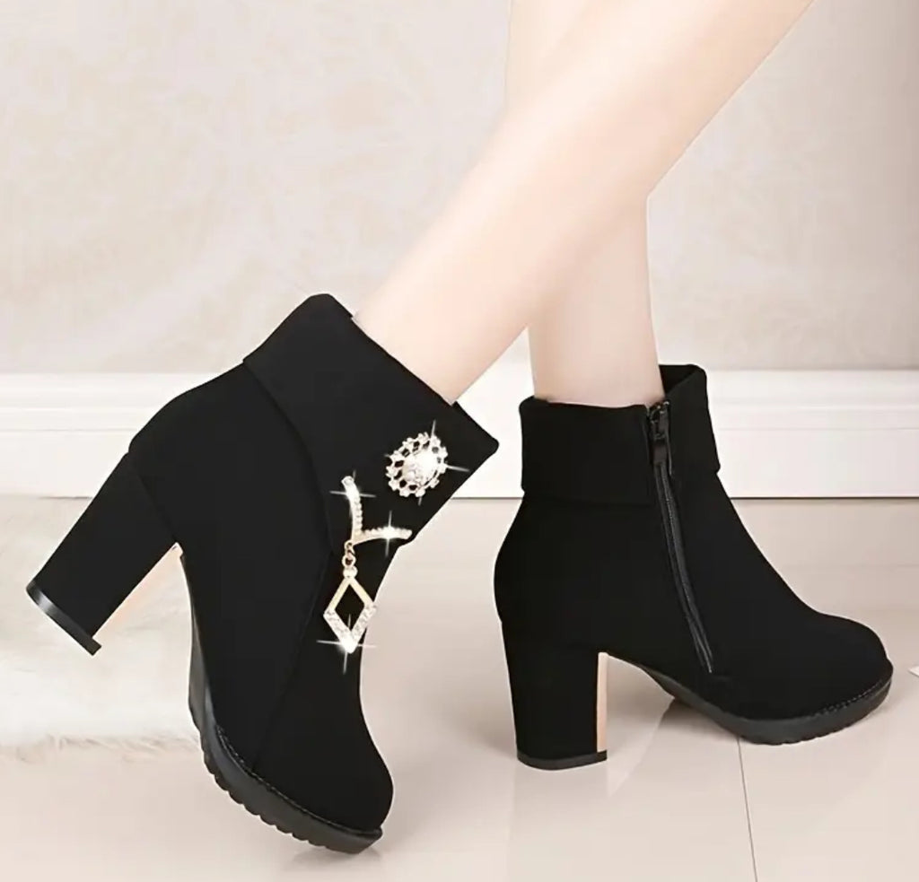 Women’s Round-Toe Chunky-Heeled Ankle Boots with Rhinestone  Pendants +Side Zipper Design