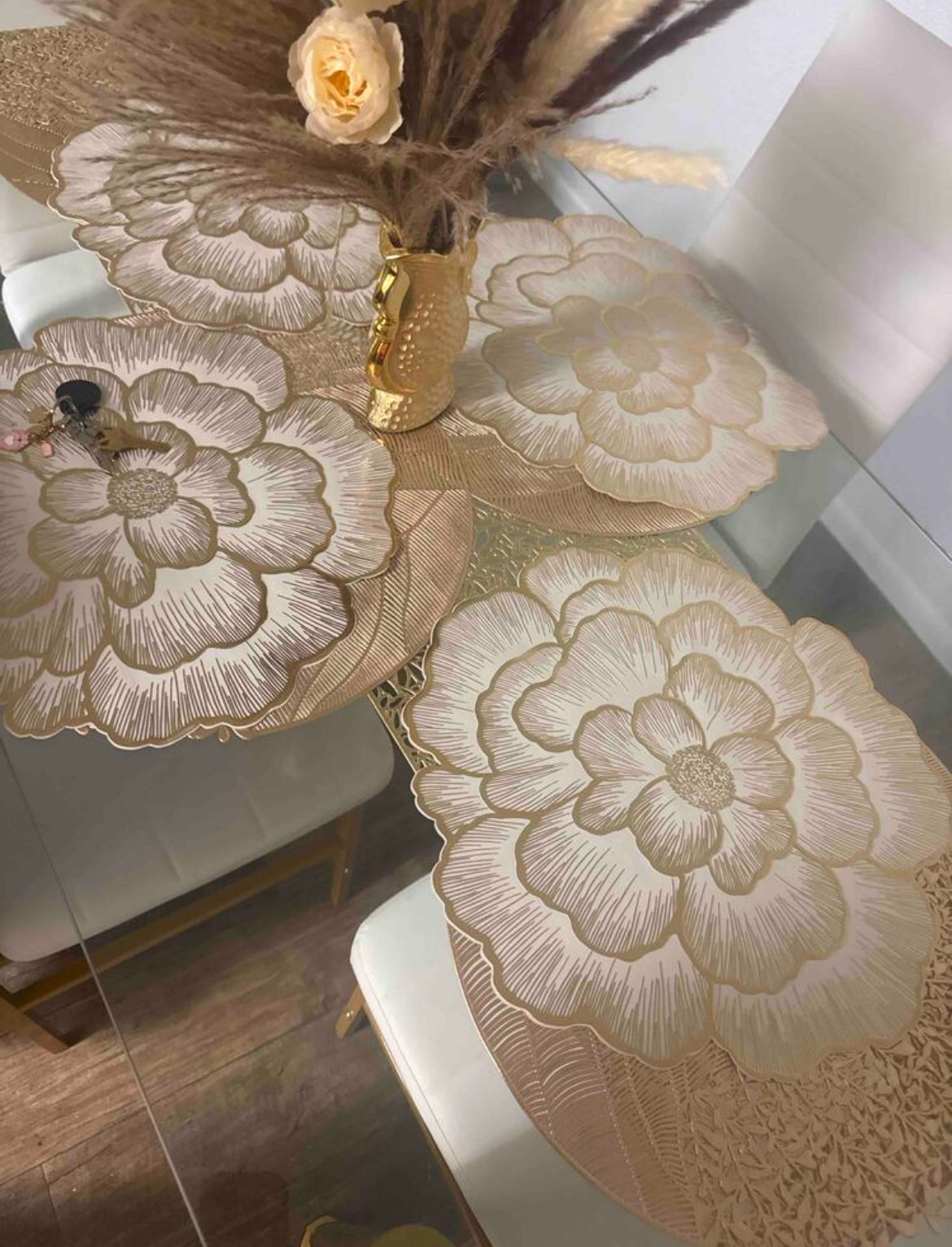 Chic Gold & White Peony Flower Design Placemats | 15 Inch- Washable, Easy To Clean & Heat Resistant