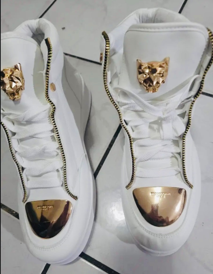 Men's High-Top Sneakers Faux Zipper Cover Upper Golden-Tone Hardware Streetwear 