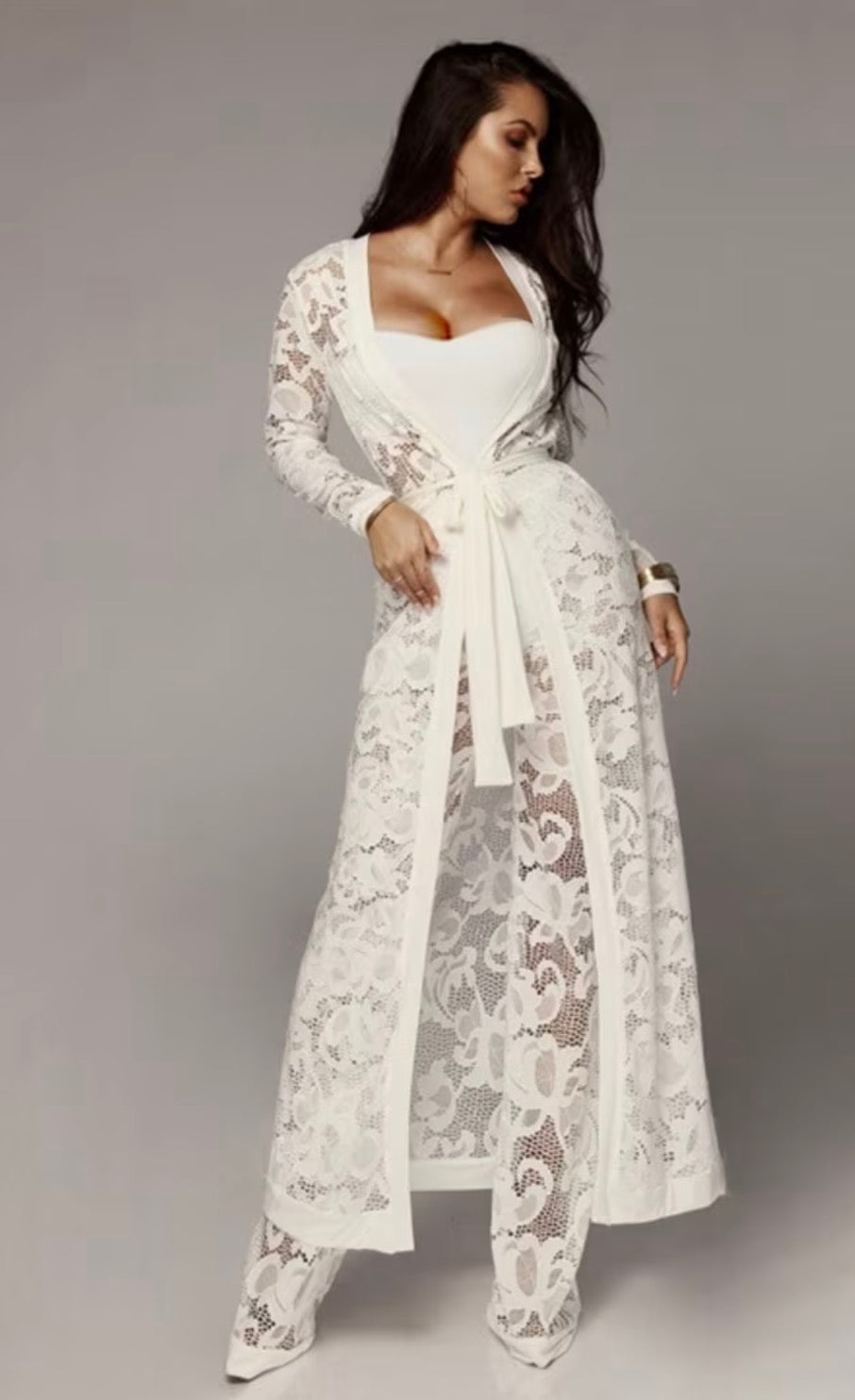 Versatile 3pcs Set - Elegant Wide-Leg Pantsuit Ensemble with Lace Detailing